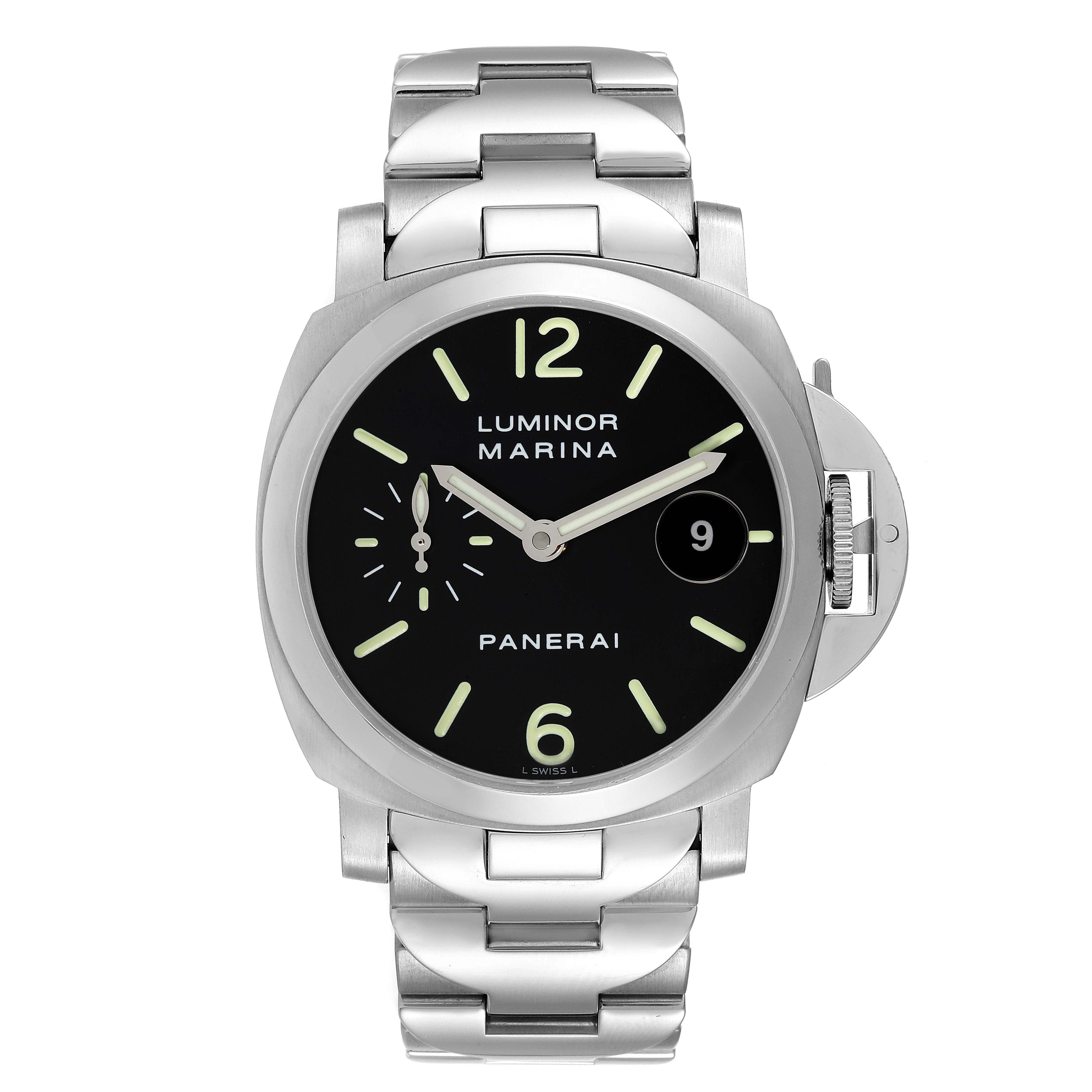 The image shows a front view of a Panerai Luminor PAM00050 Men
s Stainless Steel Black Dial PAM00050 Men
s Stainless Steel Black Dial Marina watch, highlighting the dial, hands, and stainless steel bracelet.