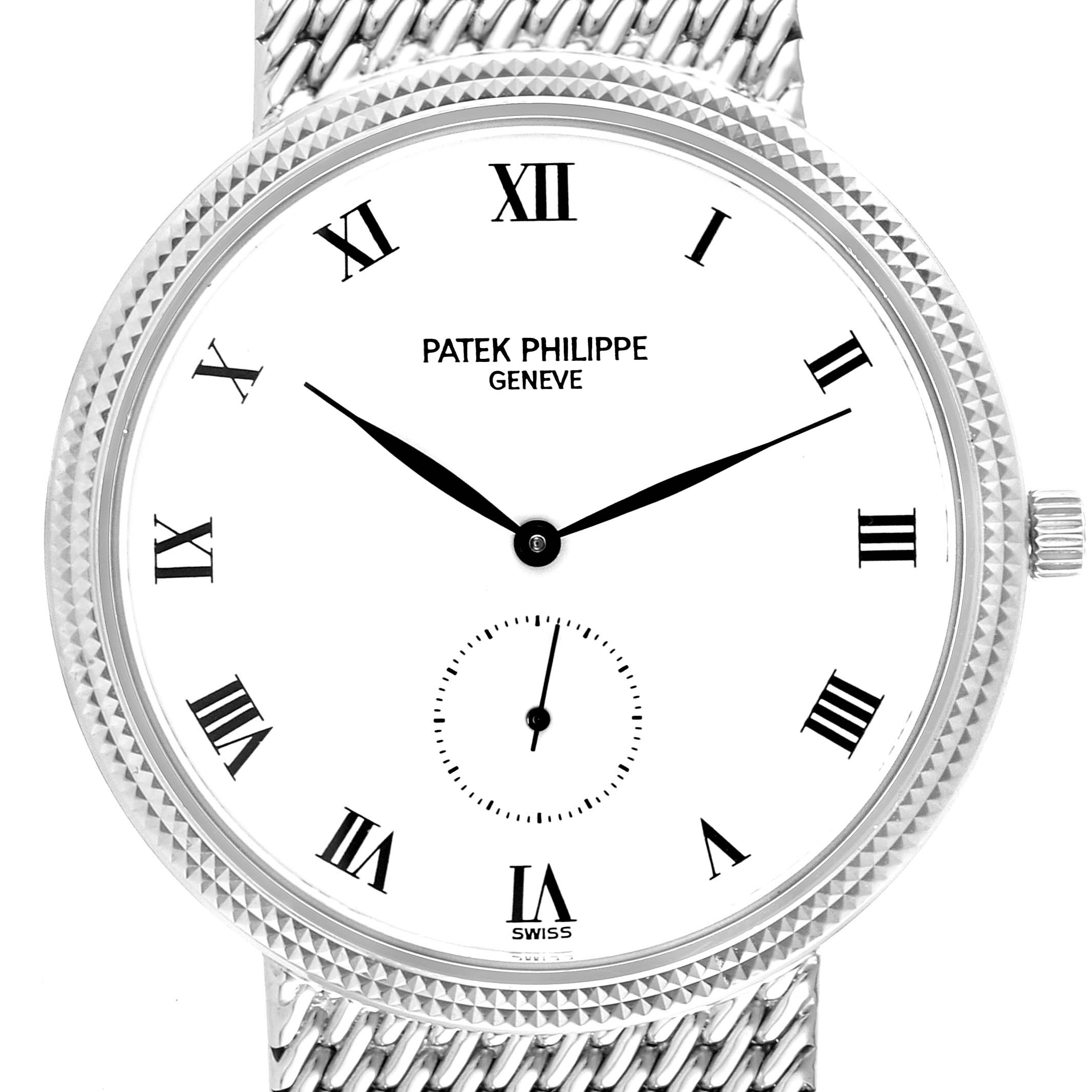 This image shows a front view of a Patek Philippe Calatrava 3919G Men
s White Gold White Dial 3919G Men
s White Gold White Dial watch, highlighting its white dial, Roman numerals, and metal mesh strap.