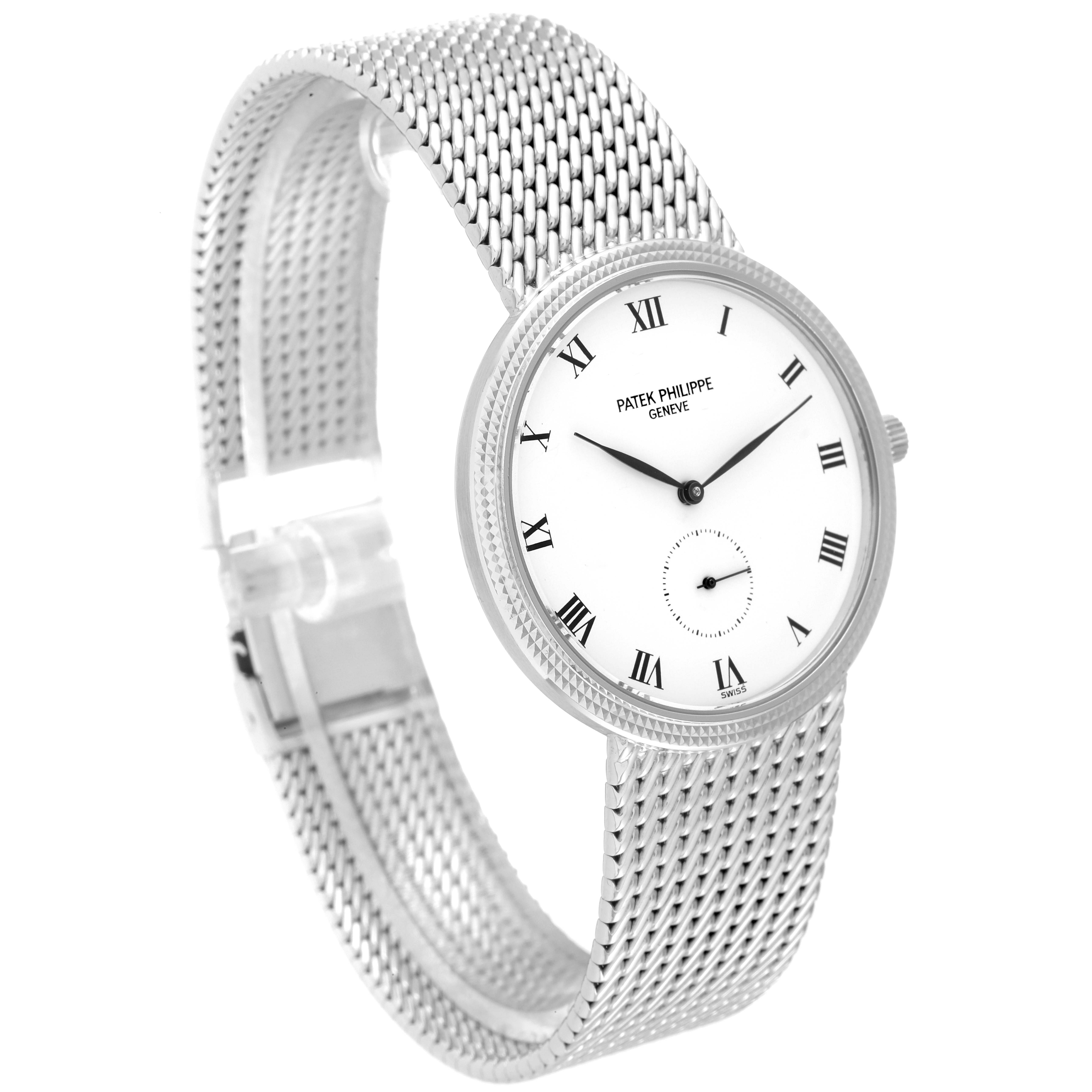The image shows a Patek Philippe Calatrava 3919G Men
s White Gold White Dial 3919G Men
s White Gold White Dial watch at a slight angle, highlighting the mesh strap and round dial with Roman numerals.