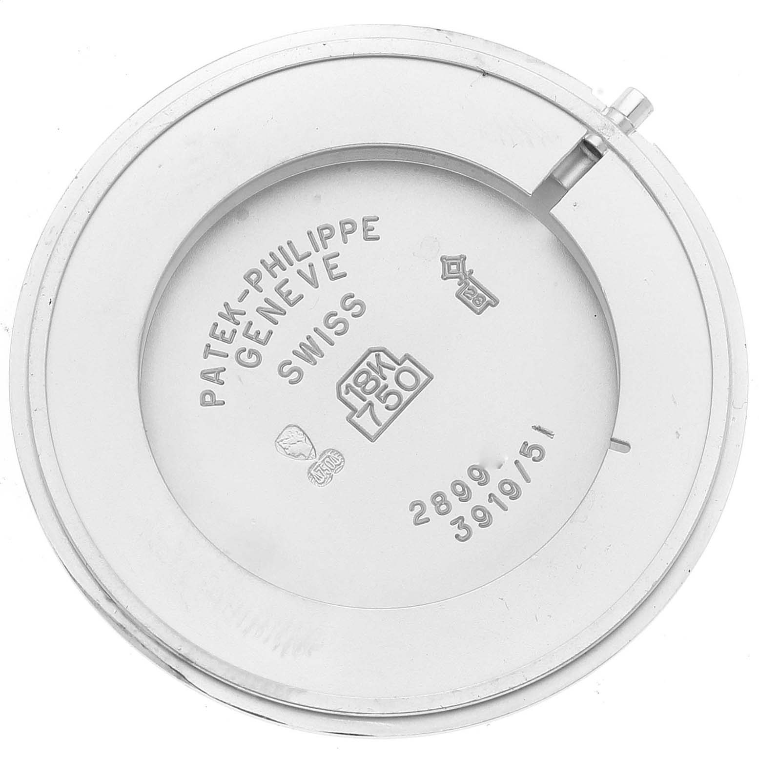 The image shows the back case of a Patek Philippe Calatrava 3919G Men
s White Gold White Dial 3919G Men
s White Gold White Dial watch, displaying the brand, model, and material information.