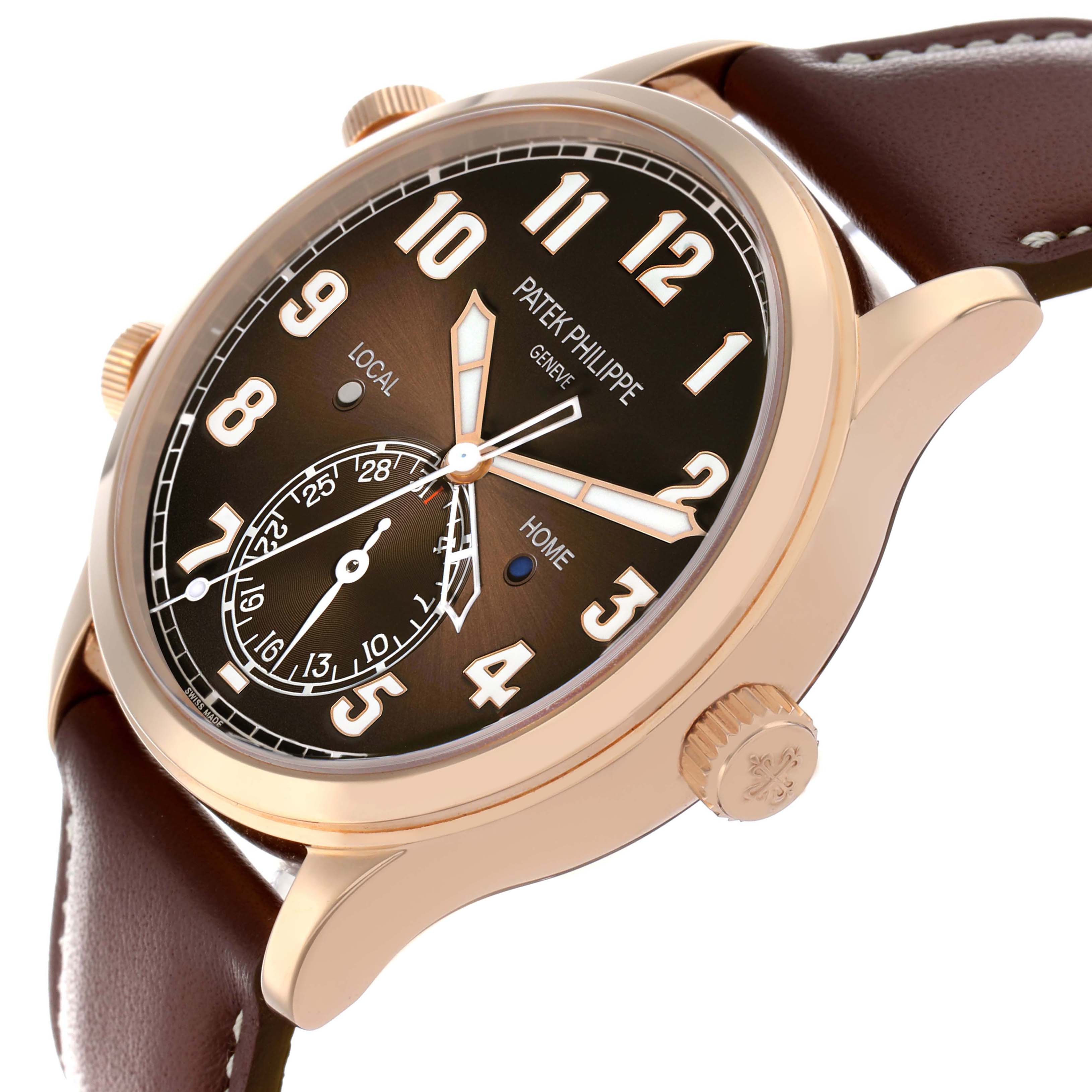 The Patek Philippe Calatrava 5524R-001 Men's Rose Gold Brown Dial watch is shown at a side angle, highlighting the dial, crown, and case.