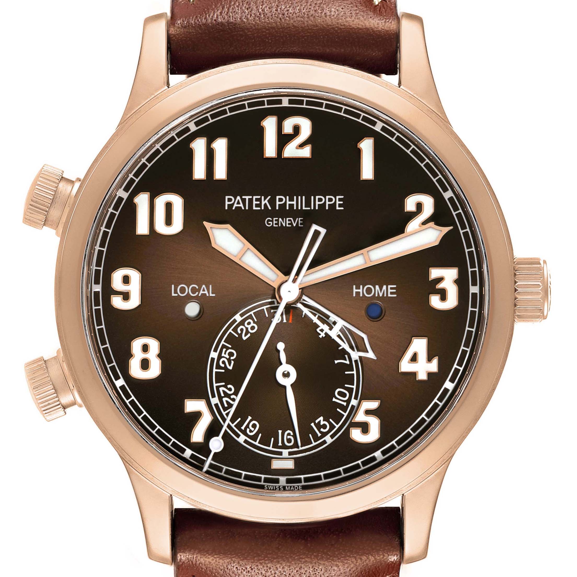 The Patek Philippe Calatrava 5524R-001 Men's Rose Gold Brown Dial is shown from the front, featuring its dial, hands, crown, and pushers.