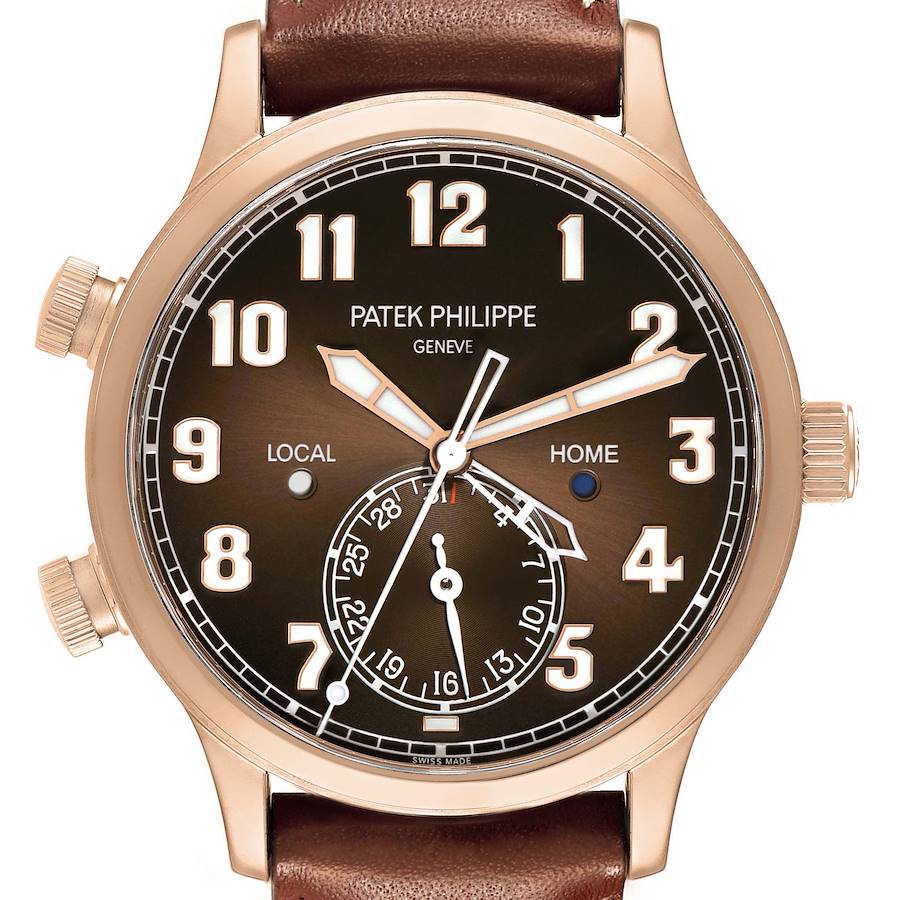 The Patek Philippe Calatrava 5524R-001 Men's Rose Gold Brown Dial is shown from the front, featuring its dial, hands, crown, and pushers.
