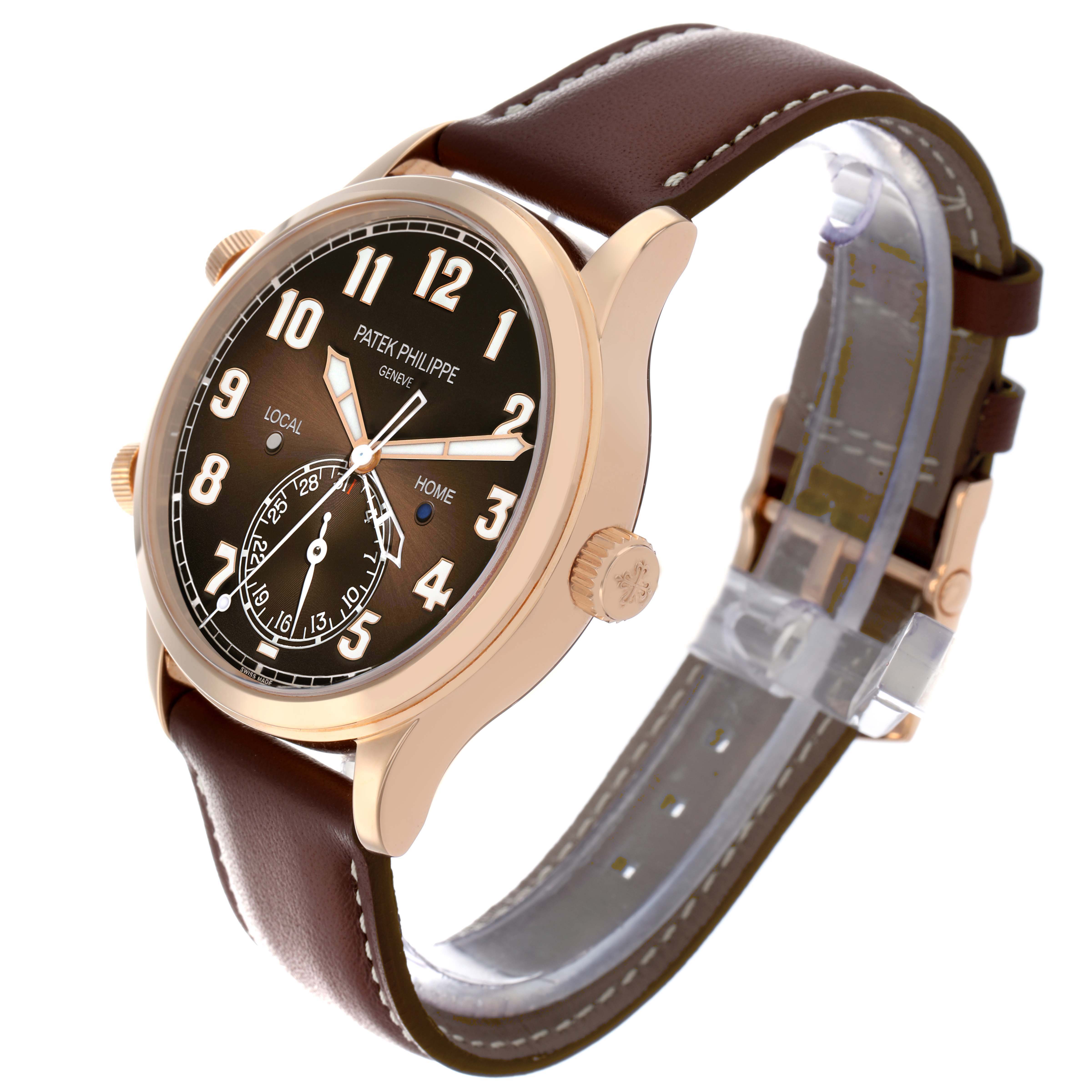 The Patek Philippe Calatrava 5524R-001 Men's Rose Gold Brown Dial watch is shown at a three-quarter angle, displaying the face, crown, and leather strap.