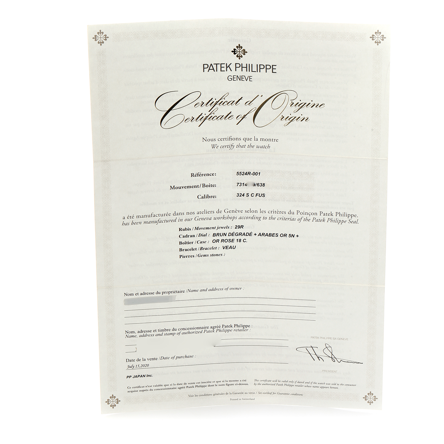 The image shows the Certificate of Origin for a Patek Philippe Calatrava 5524R-001 Men
s Rose Gold Brown Dial watch.
