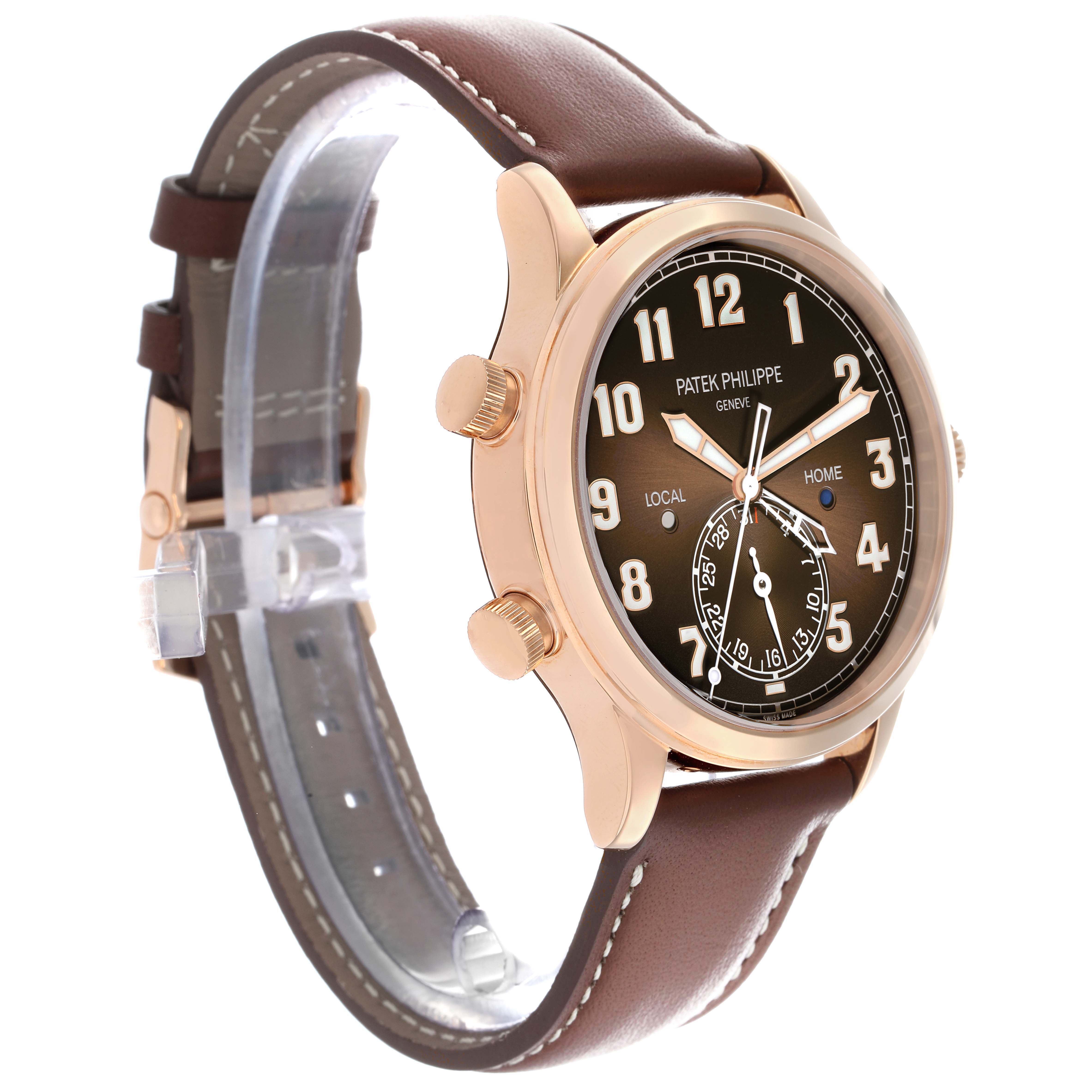 The Patek Philippe Calatrava 5524R-001 Men
s Rose Gold Brown Dial watch is shown at an angled front view, displaying the dial, crown, and strap.
