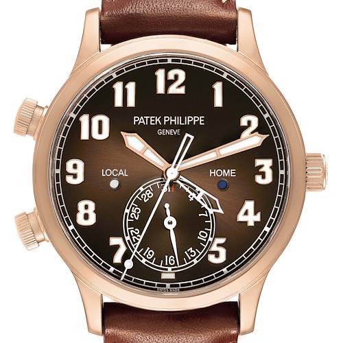 The Patek Philippe Calatrava 5524R-001 Men's Rose Gold Brown Dial watch is shown from a front view, displaying the dial, hands, and crown.