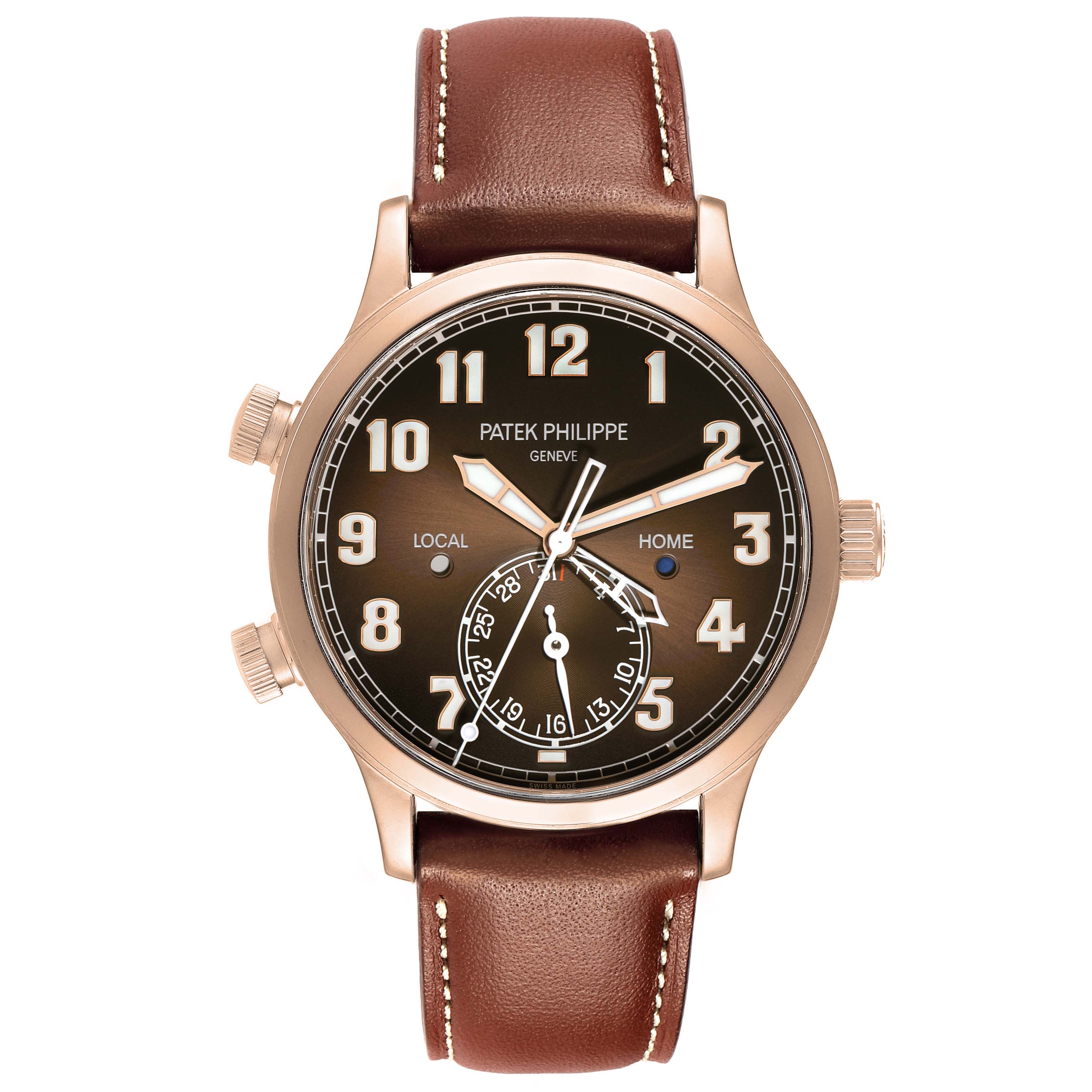 The Patek Philippe Calatrava 5524R-001 Men
s Rose Gold Brown Dial watch is shown from a front angle, displaying its dial, hands, case, and brown leather strap.