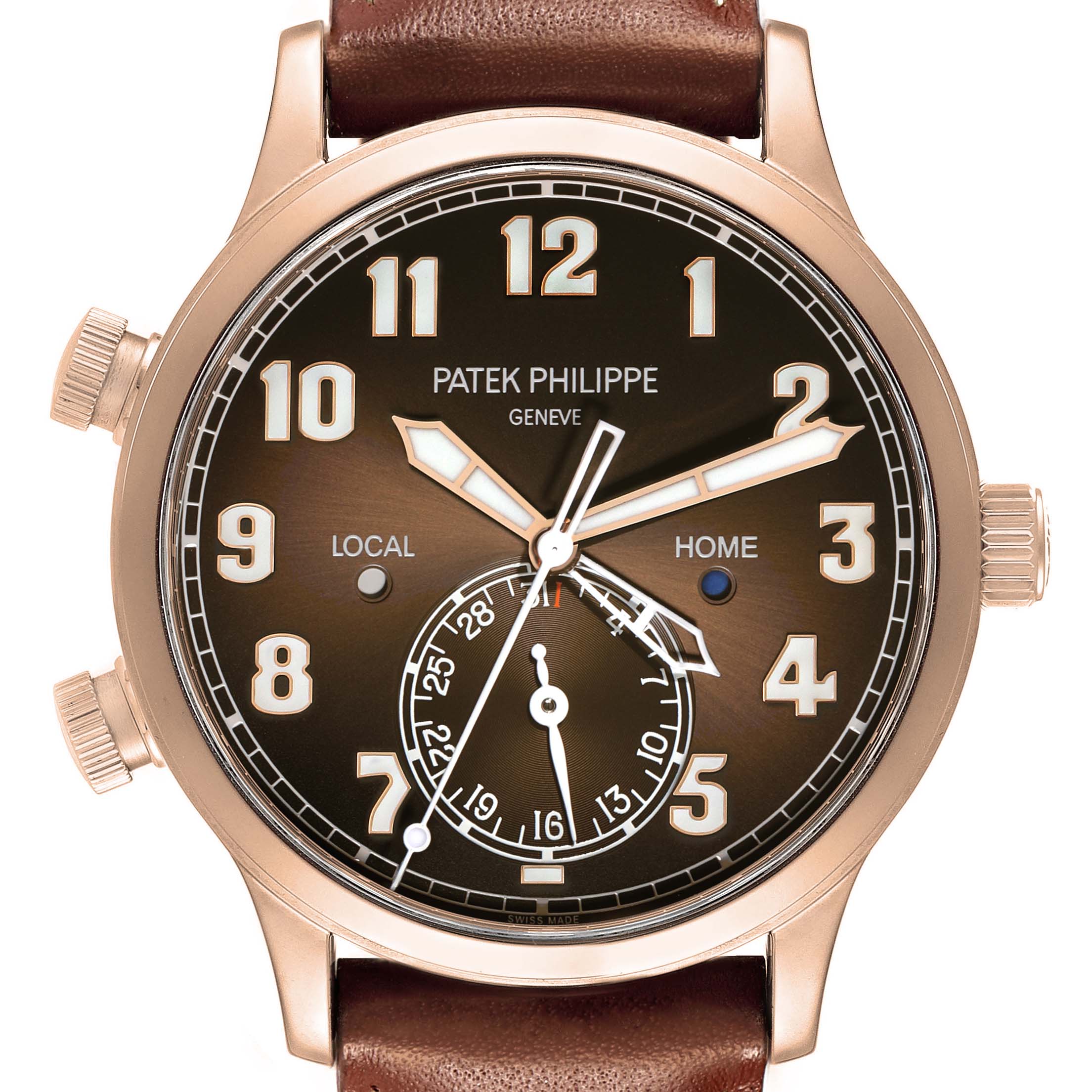 The Calatrava model by Patek Philippe is shown from a front view, displaying its dial, hands, sub-dial, crown, and pushers.