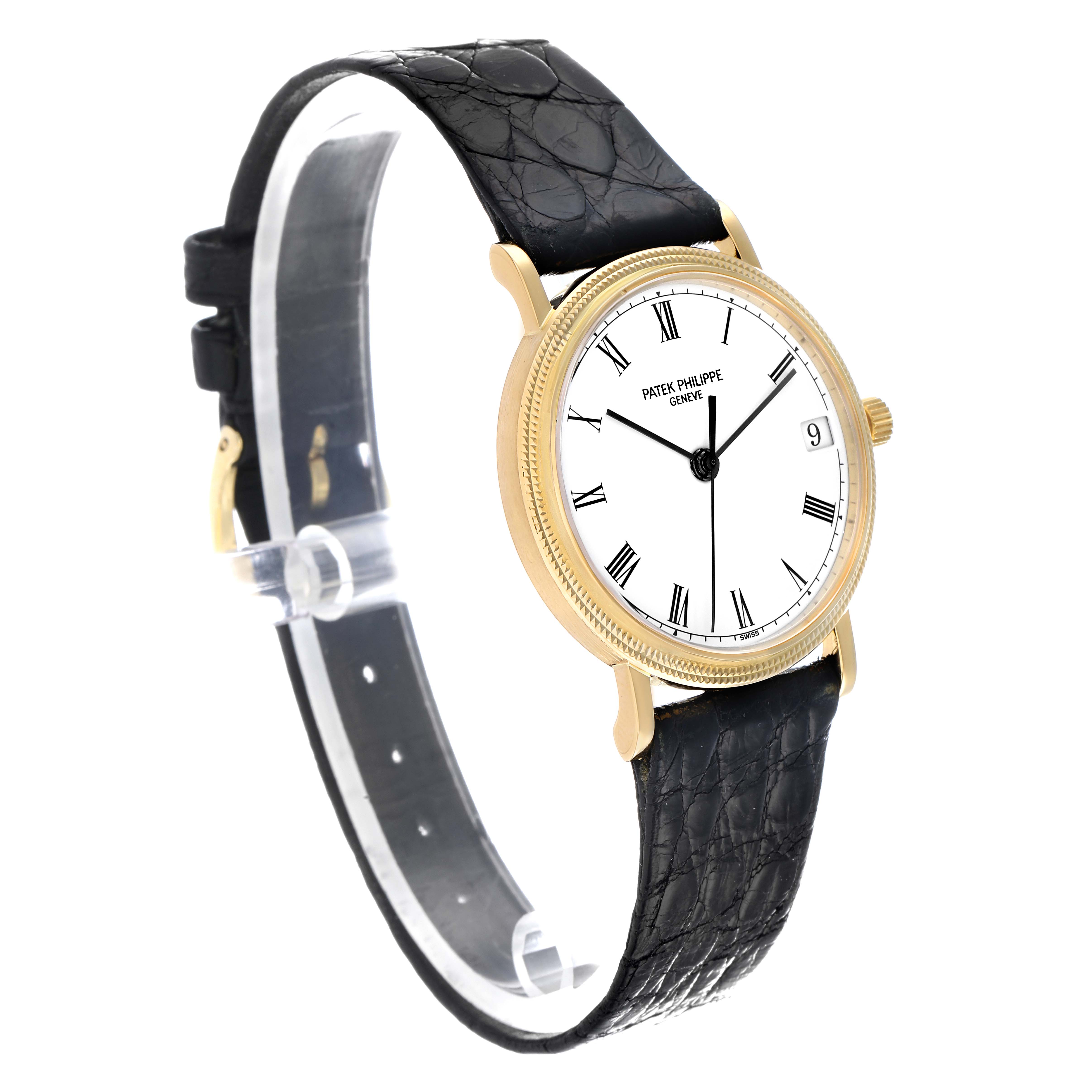 The image shows a Patek Philippe Calatrava 3802J Men
s Yellow Gold White Dial watch at a side angle, featuring its dial, bezel, strap, and crown.