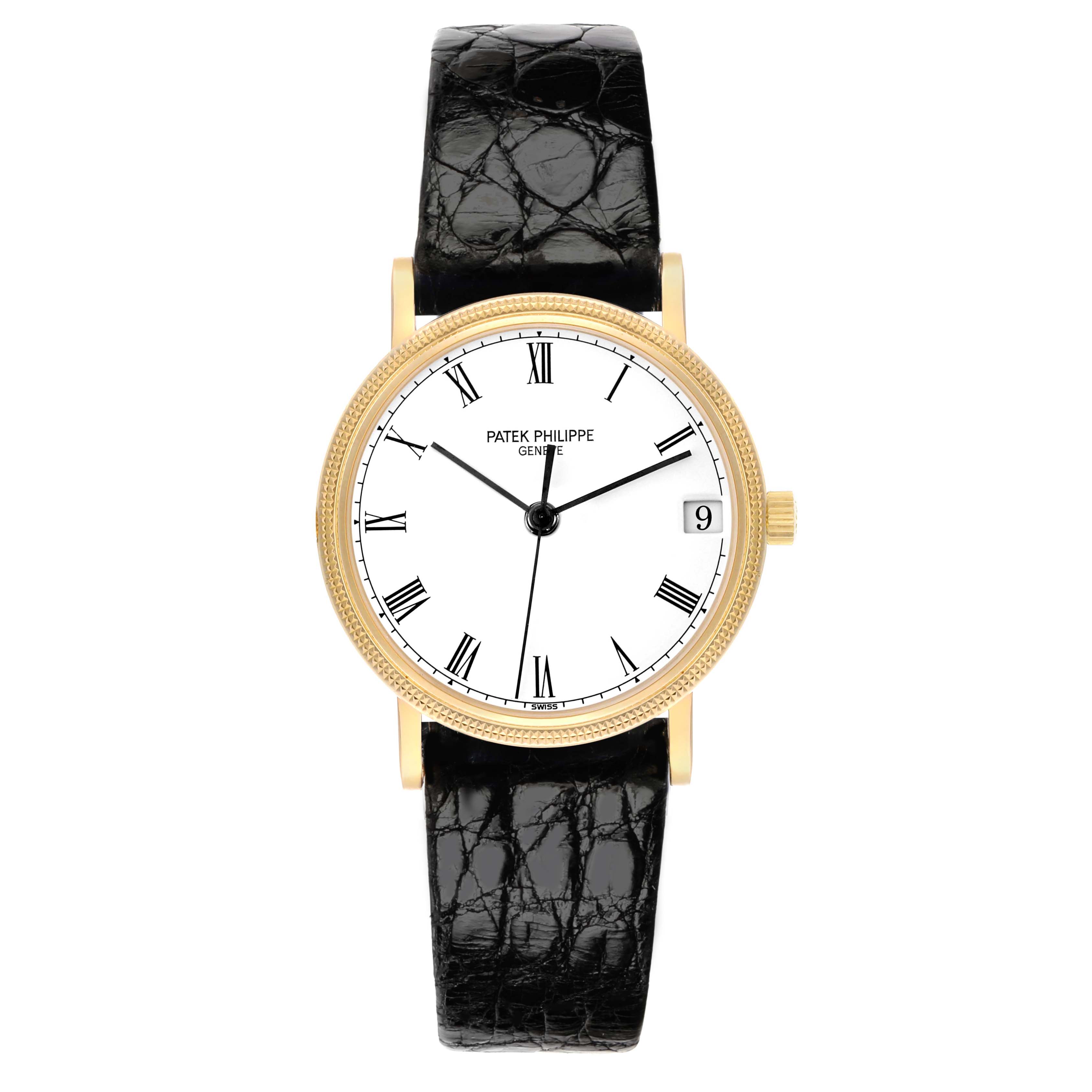 The Patek Philippe Calatrava 3802J Men
s Yellow Gold White Dial watch is shown front-facing, displaying the dial, hands, crown, and black leather strap.