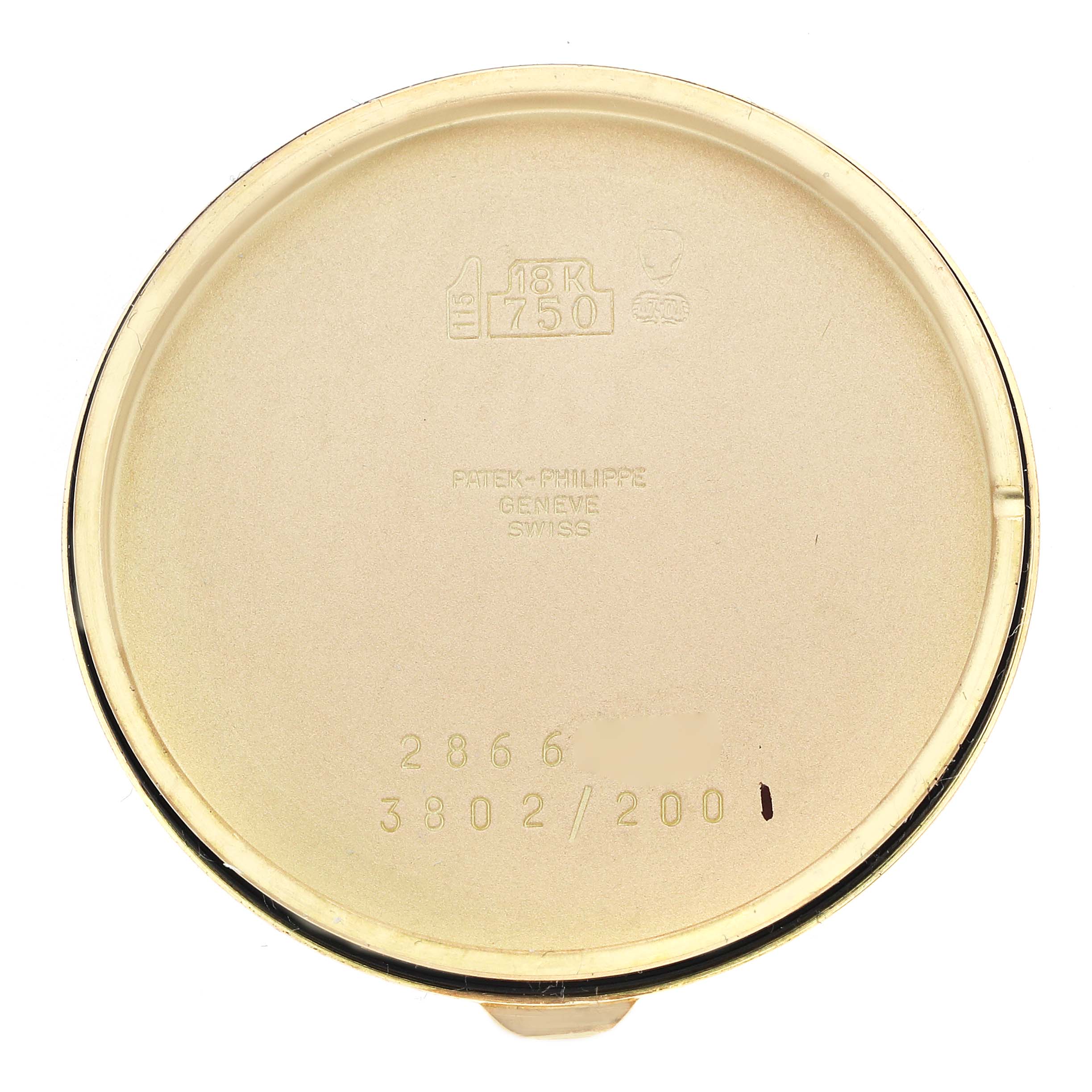 The image shows the inside case back of a Patek Philippe Calatrava 3802J Men
s Yellow Gold White Dial watch, showcasing engraving and hallmarks.