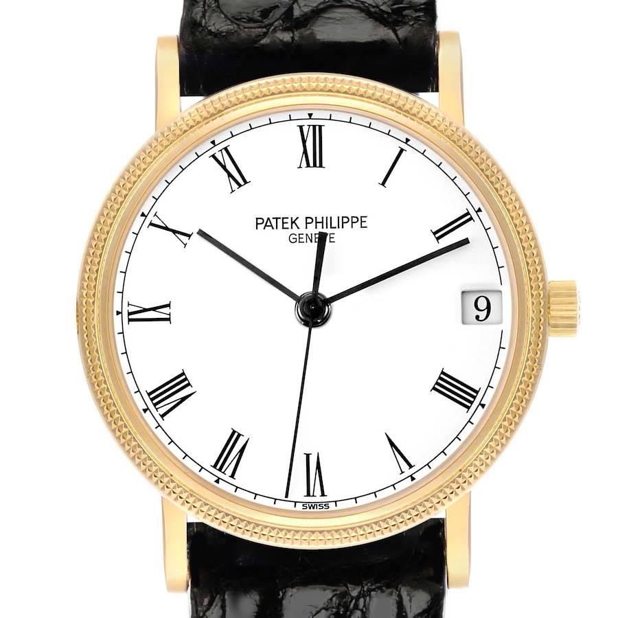 The image shows a frontal view of a Patek Philippe Calatrava 3802J Men's Yellow Gold White Dial watch, highlighting its dial, hands, case, and leather strap.