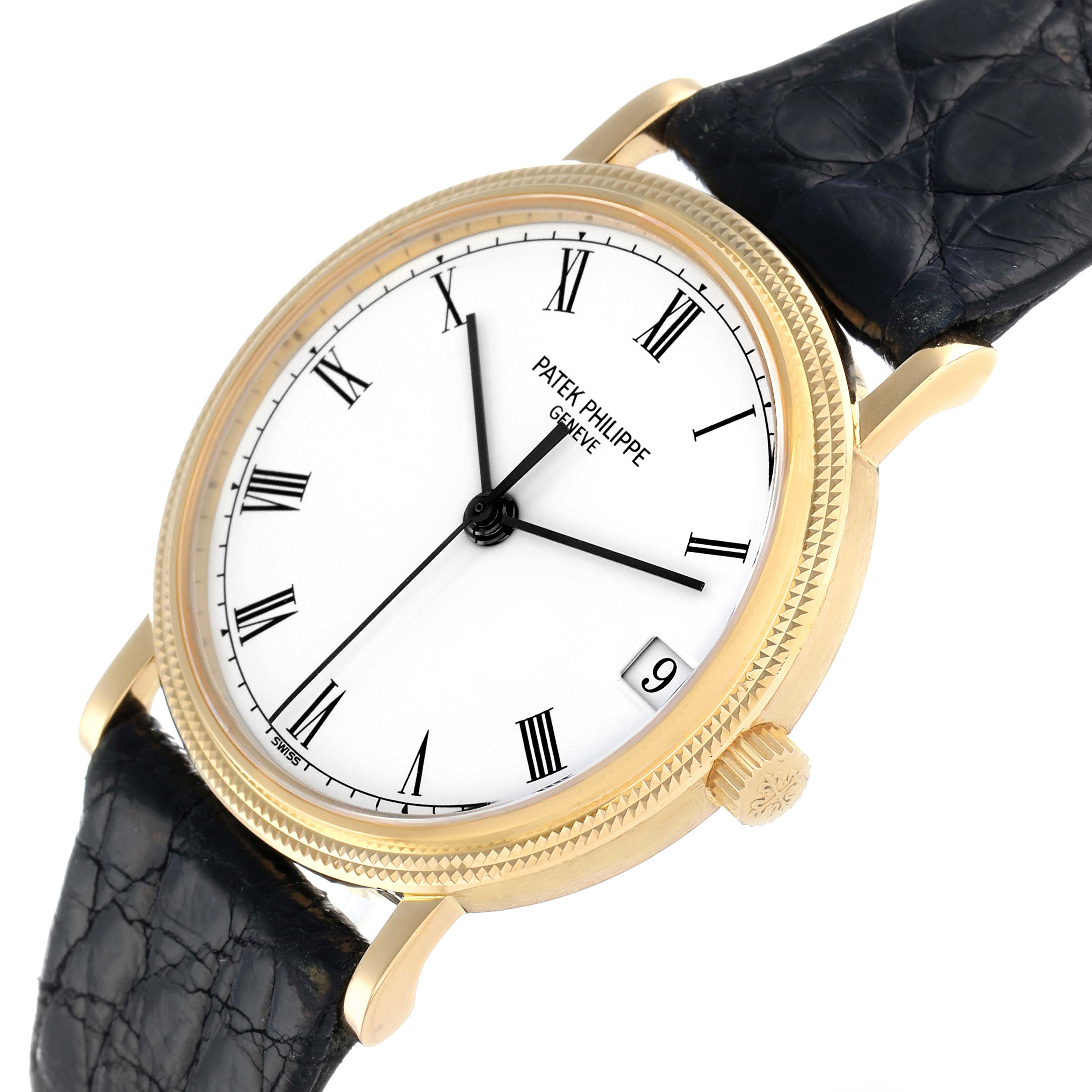 The image shows a Patek Philippe Calatrava 3802J Men
s Yellow Gold White Dial watch at a slight angle, highlighting the dial, bezel, crown, and a portion of the strap.