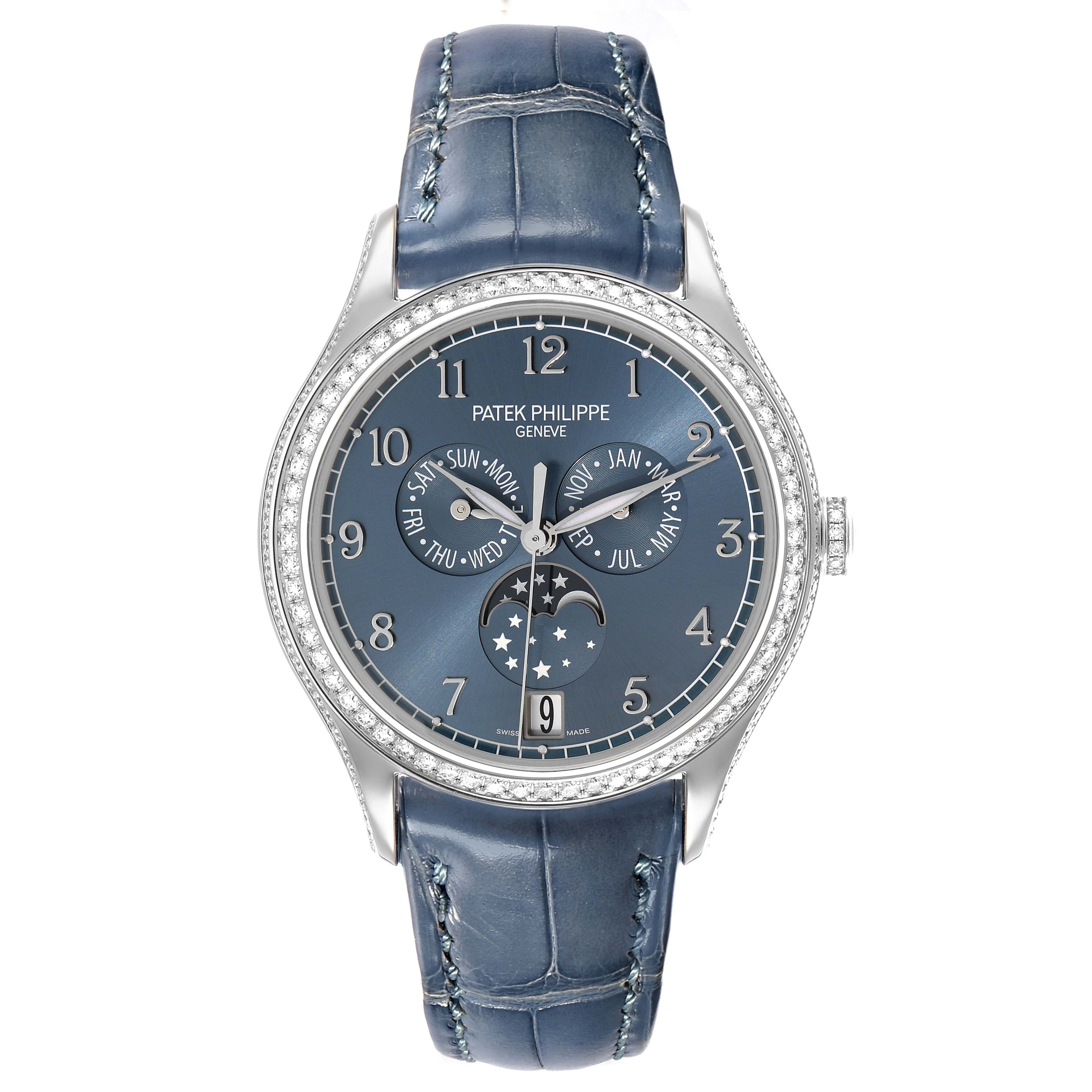 The Patek Philippe Complications 4947G-001 Men
s White Gold Blue Dial watch is shown from a front angle, highlighting its blue dial, subdials, bezel, and leather strap.