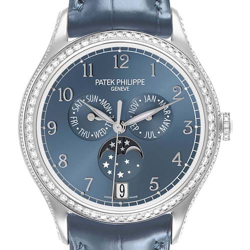 The image shows a front view of the Patek Philippe Complications 4947G-001 Men's White Gold Blue Dial watch, highlighting its detailed dial and leather strap.