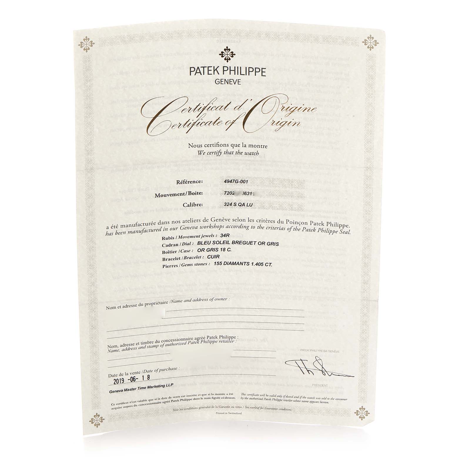 This image shows the certificate of origin for a Patek Philippe Complications 4947G-001 Men
s White Gold Blue Dial model, providing details about the watch
s specifications.