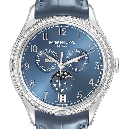 The Patek Philippe Complications 4947G-001 Men's White Gold Blue Dial watch is shown from the front, displaying its blue dial, diamond-set bezel, and moon phase.