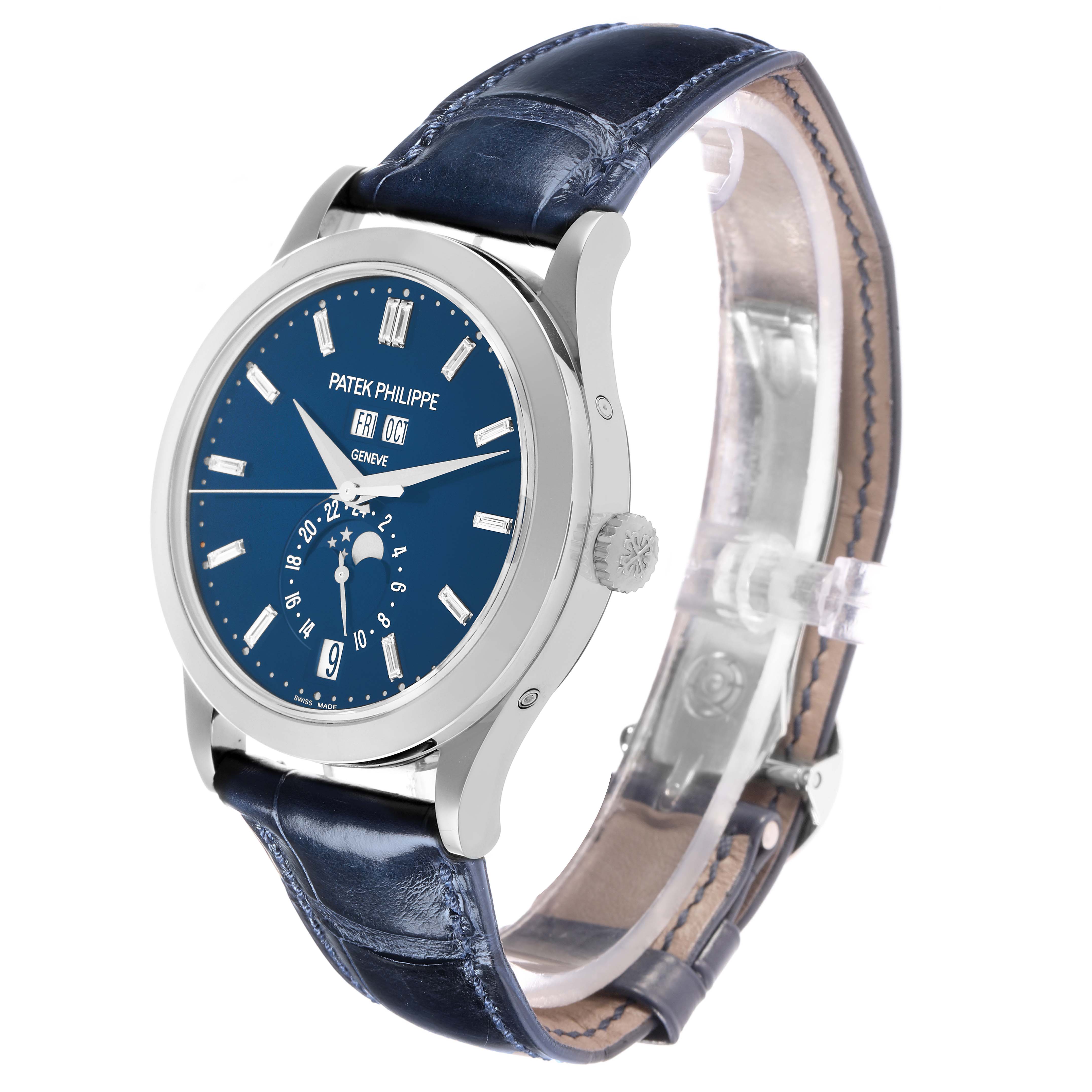 The Patek Philippe Complications 5396G-017 Men
s White Gold Blue Dial watch is shown at a three-quarter angle, highlighting the dial, case, and leather strap.