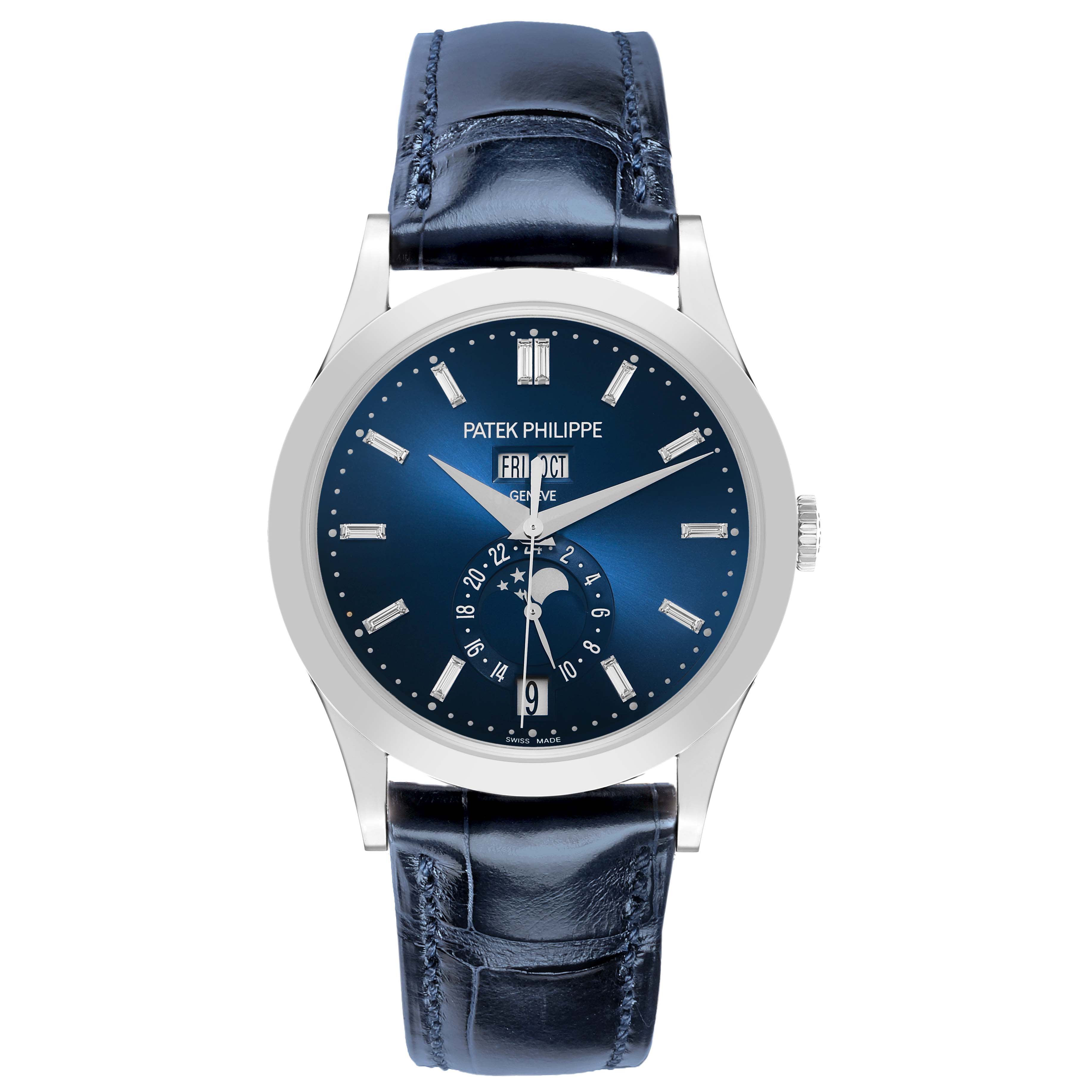 The Patek Philippe Complications 5396G-017 Men
s White Gold Blue Dial model is shown from a front view, displaying the watch face, hands, markers, and strap.