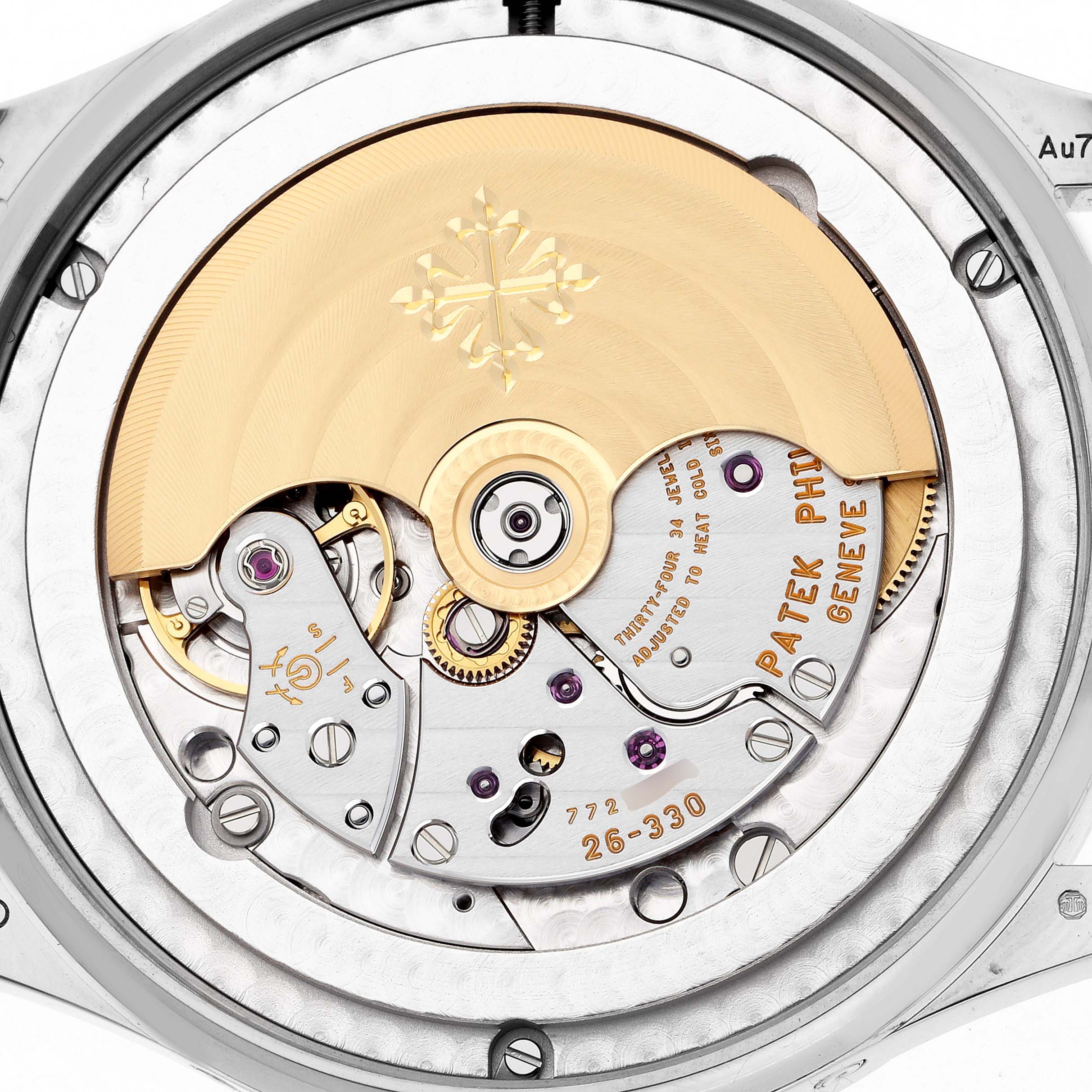 The image shows the back view of a Patek Philippe Complications 5396G-017 Men
s White Gold Blue Dial watch, highlighting its intricate movement and rotor.