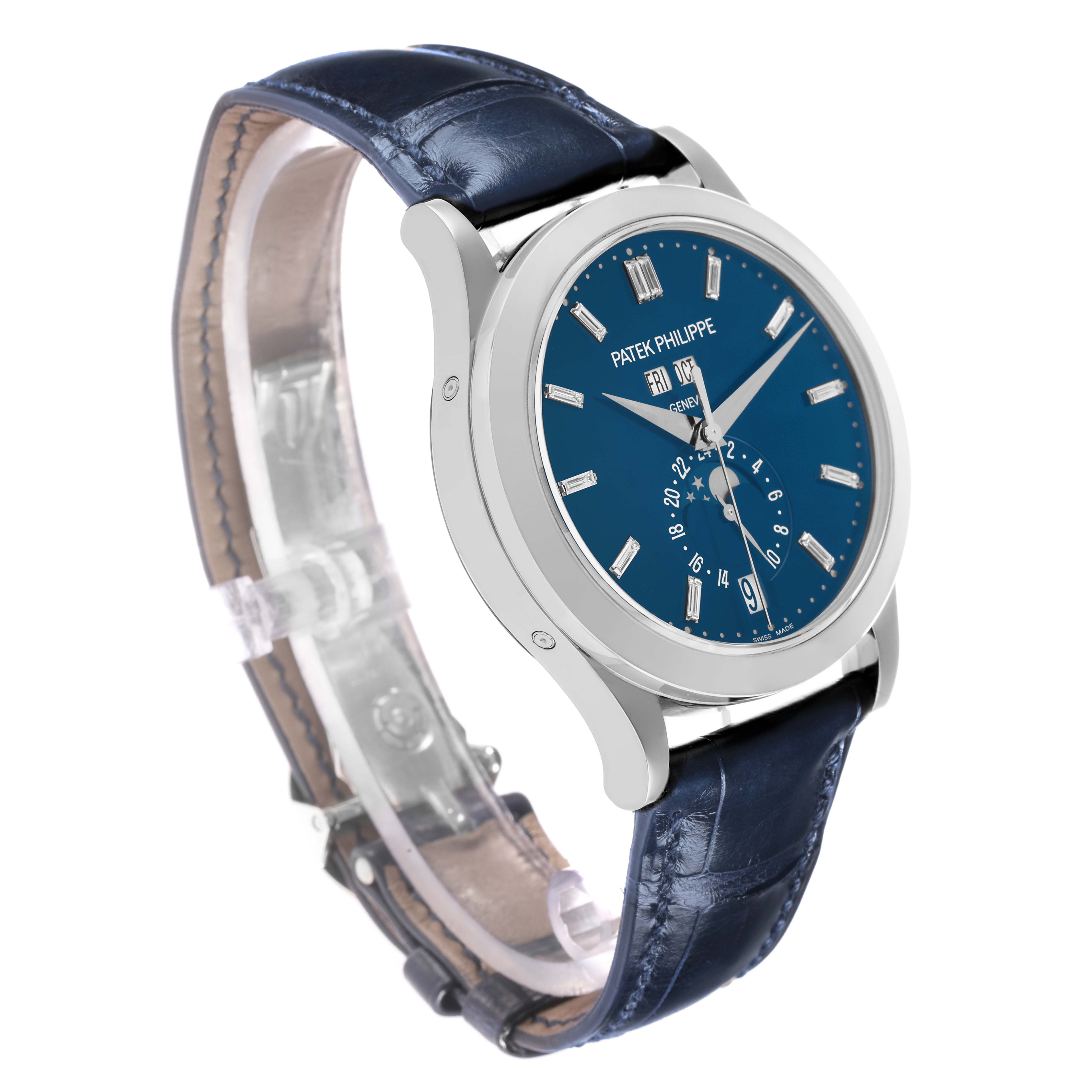 The Patek Philippe Complications 5396G-017 Men
s White Gold Blue Dial watch is shown at a three-quarter angle, displaying the face, bezel, case, and strap.