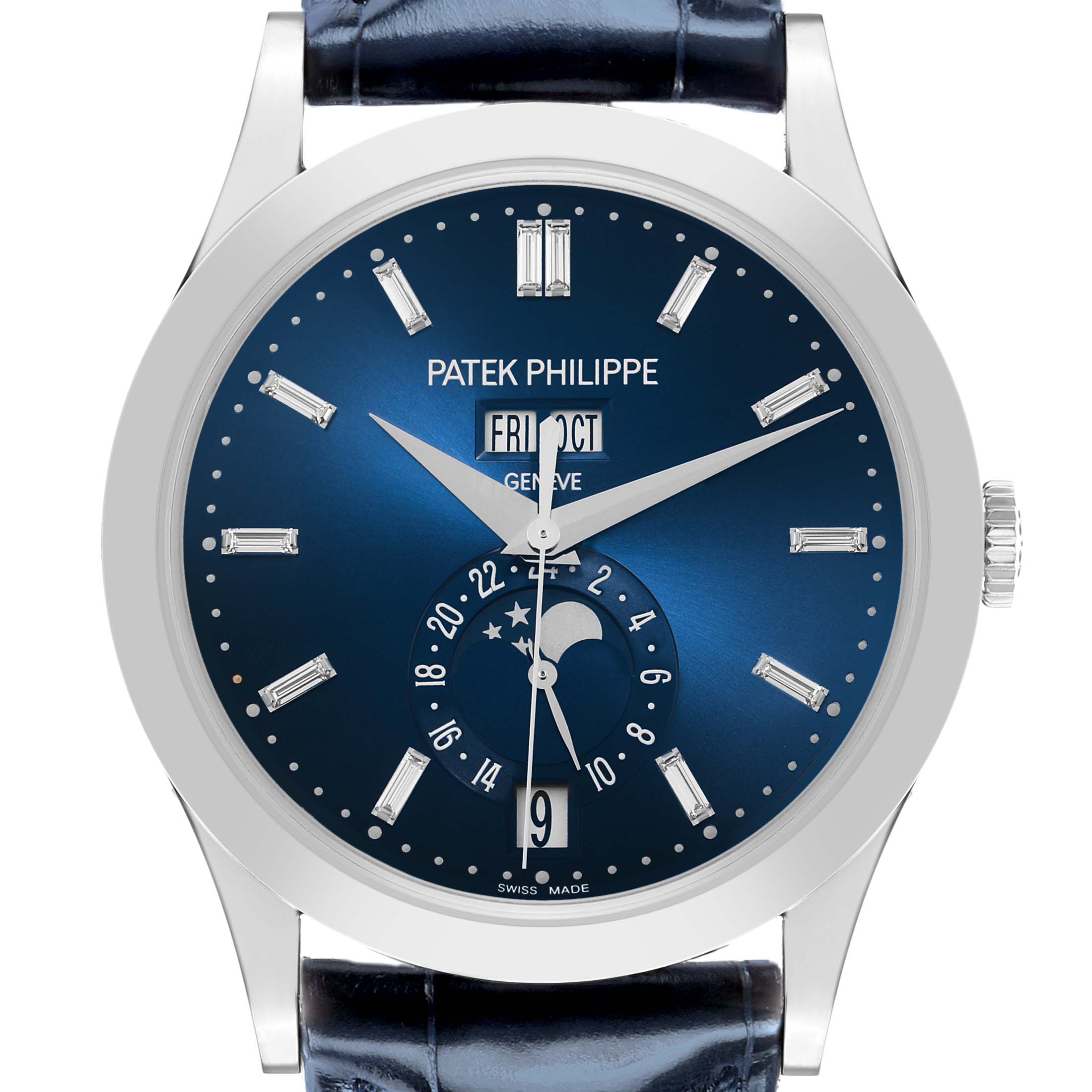 The Patek Philippe Complications 5396G-017 Men
s White Gold Blue Dial watch is shown from a top-down angle, highlighting the dial, hands, and moon phase complication.