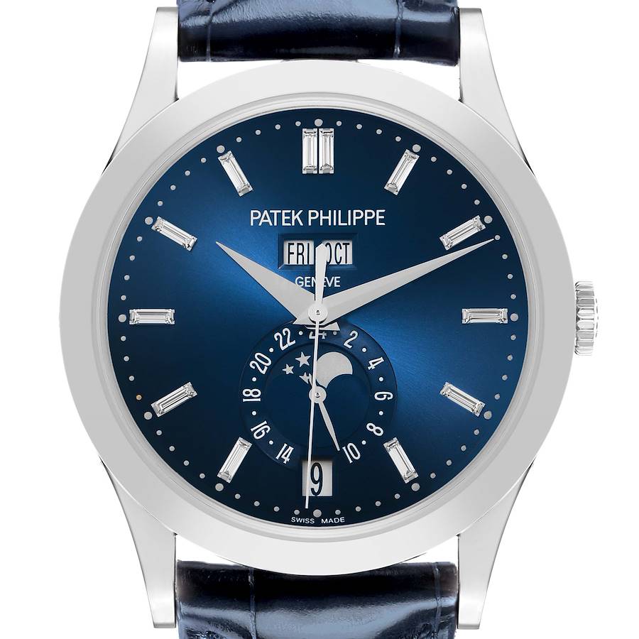 The Patek Philippe Complications 5396G-017 Men's White Gold Blue Dial watch is shown from a top-down angle, highlighting the dial, hands, and moon phase complication.