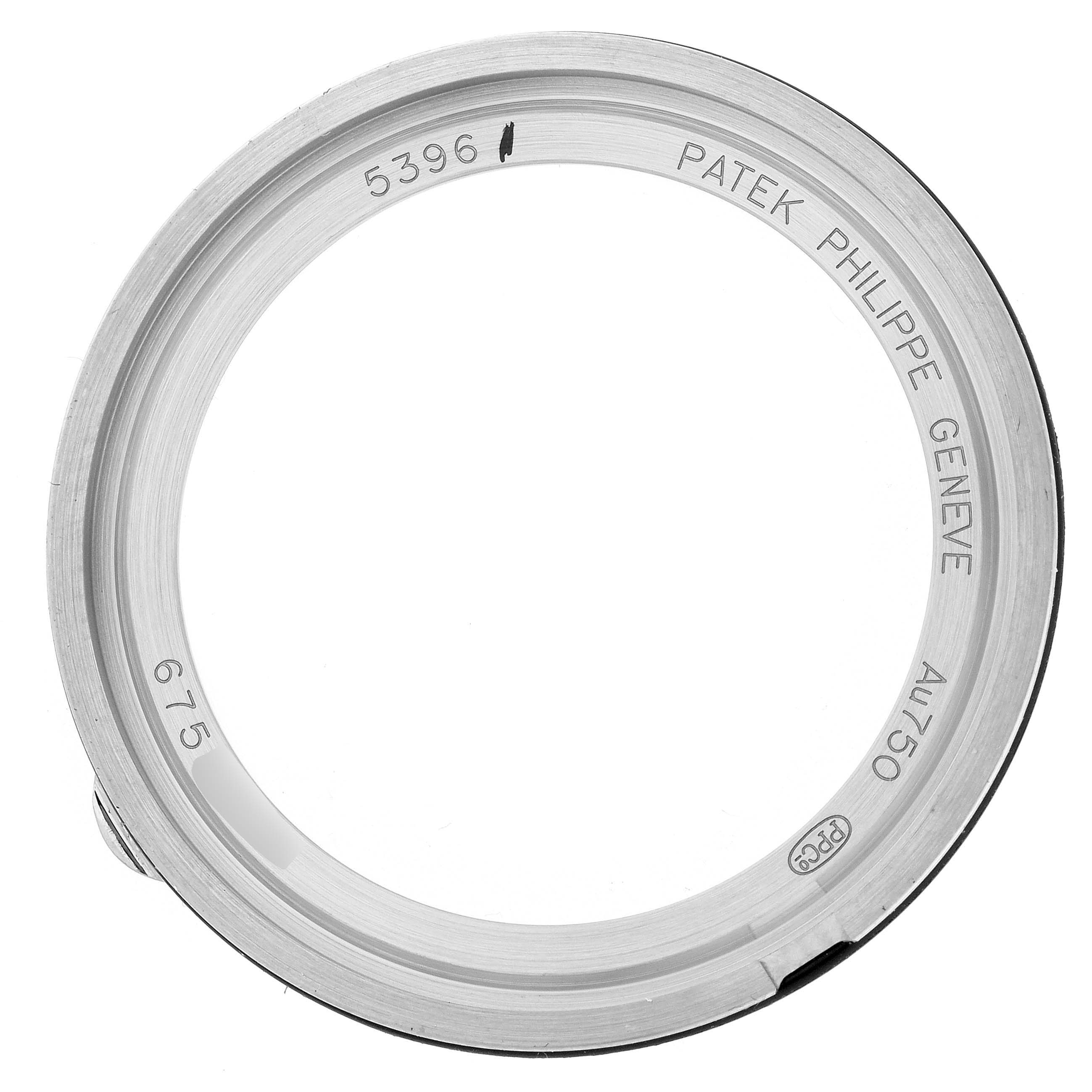 The image shows a top view of the case back for a Patek Philippe Complications 5396G-017 Men
s White Gold Blue Dial model 5396 watch.