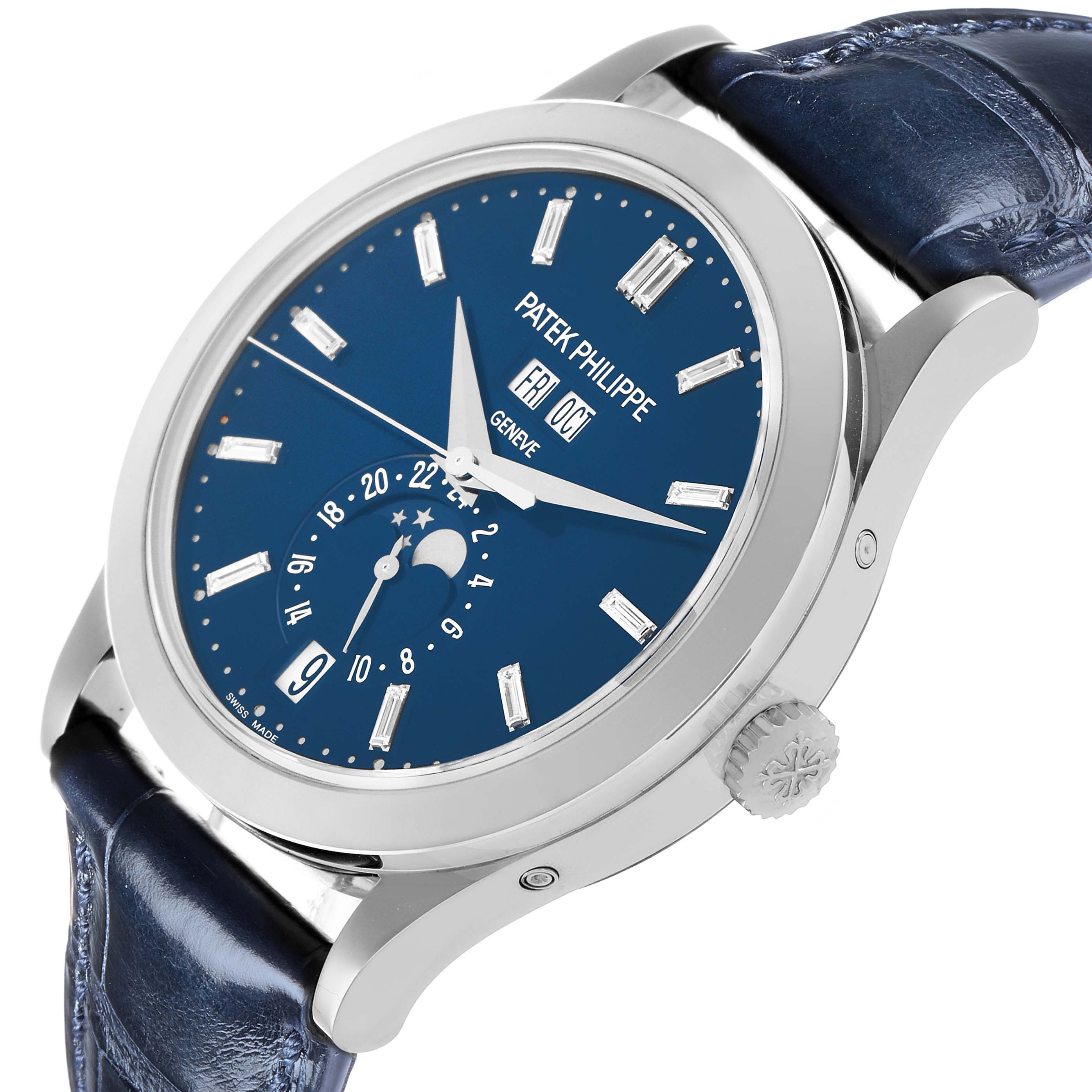 The Patek Philippe Complications 5396G-017 Men
s White Gold Blue Dial watch is shown at a tilted angle, displaying the face, crown, and blue leather strap.