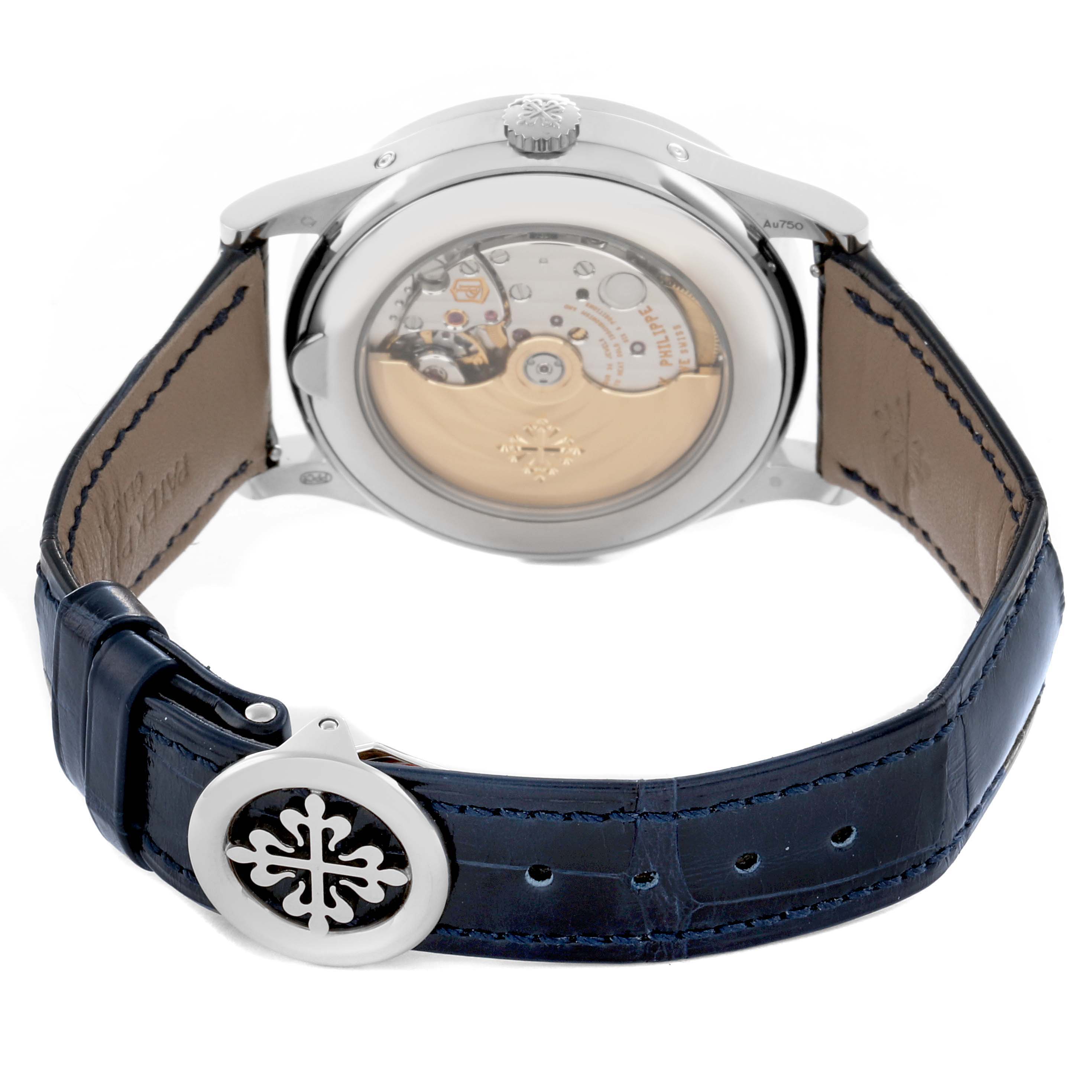 The image shows the back view of a Patek Philippe Complications 5396G-017 Men
s White Gold Blue Dial watch, highlighting the movement and leather strap.
