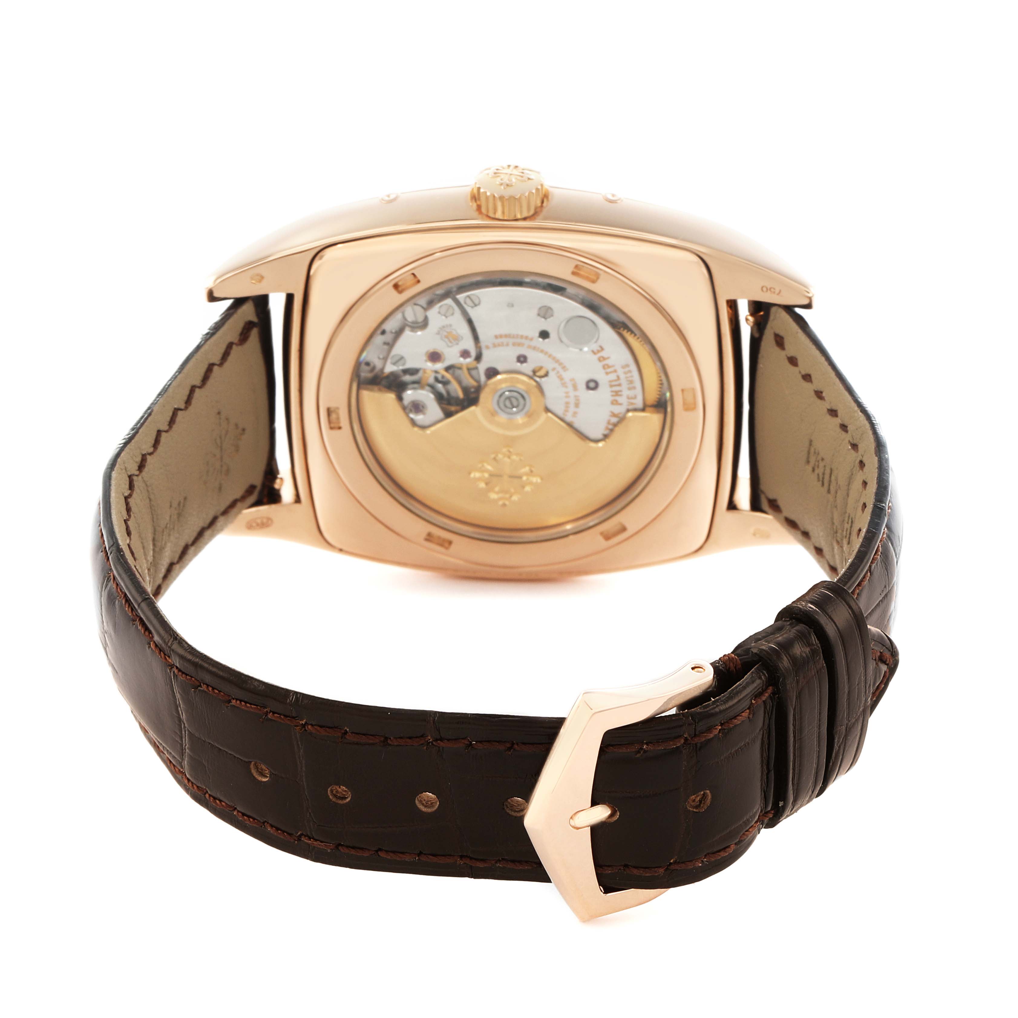 The Patek Philippe Gondolo 5135R-001 Men
s Rose Gold White Dial watch is shown from the back, displaying its transparent case back and leather strap.