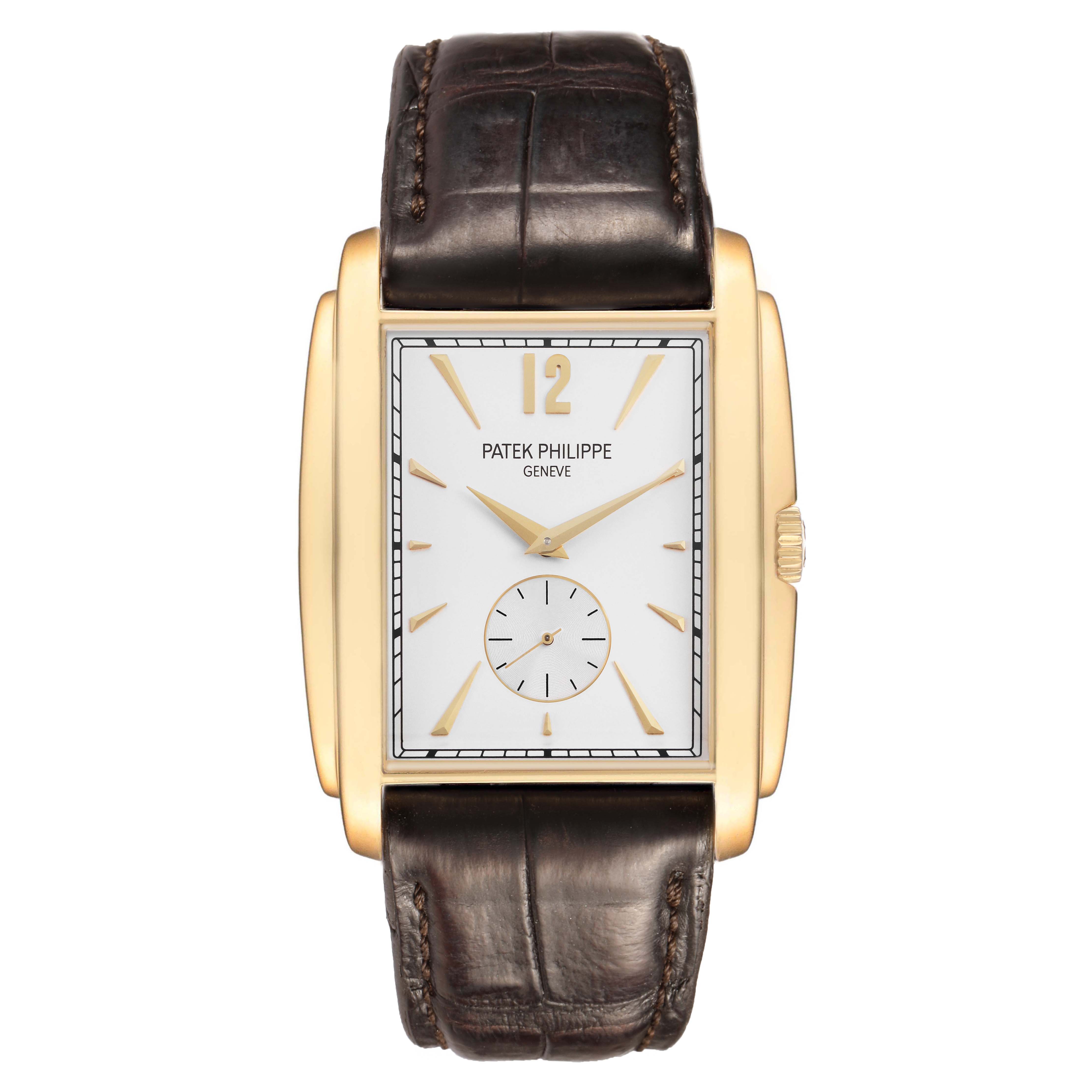 The Patek Philippe Gondolo 5124J-001 Men's Yellow Gold Silver Dial watch is shown from a front angle, highlighting its rectangular face, gold casing, and leather strap.