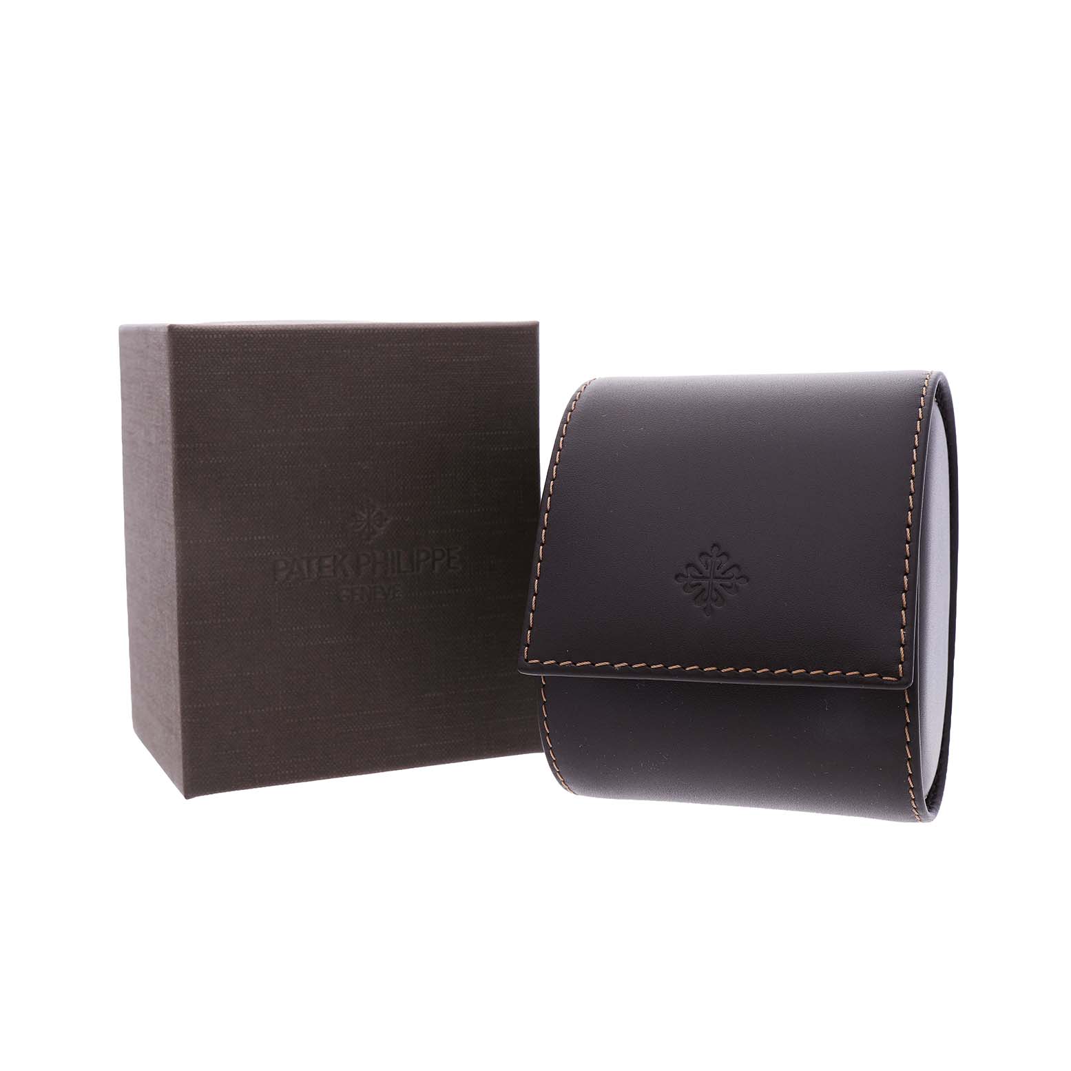 The image shows a Patek Philippe Gondolo 5124J-001 Men's Yellow Gold Silver Dial watch box and leather travel case, viewed from the front.