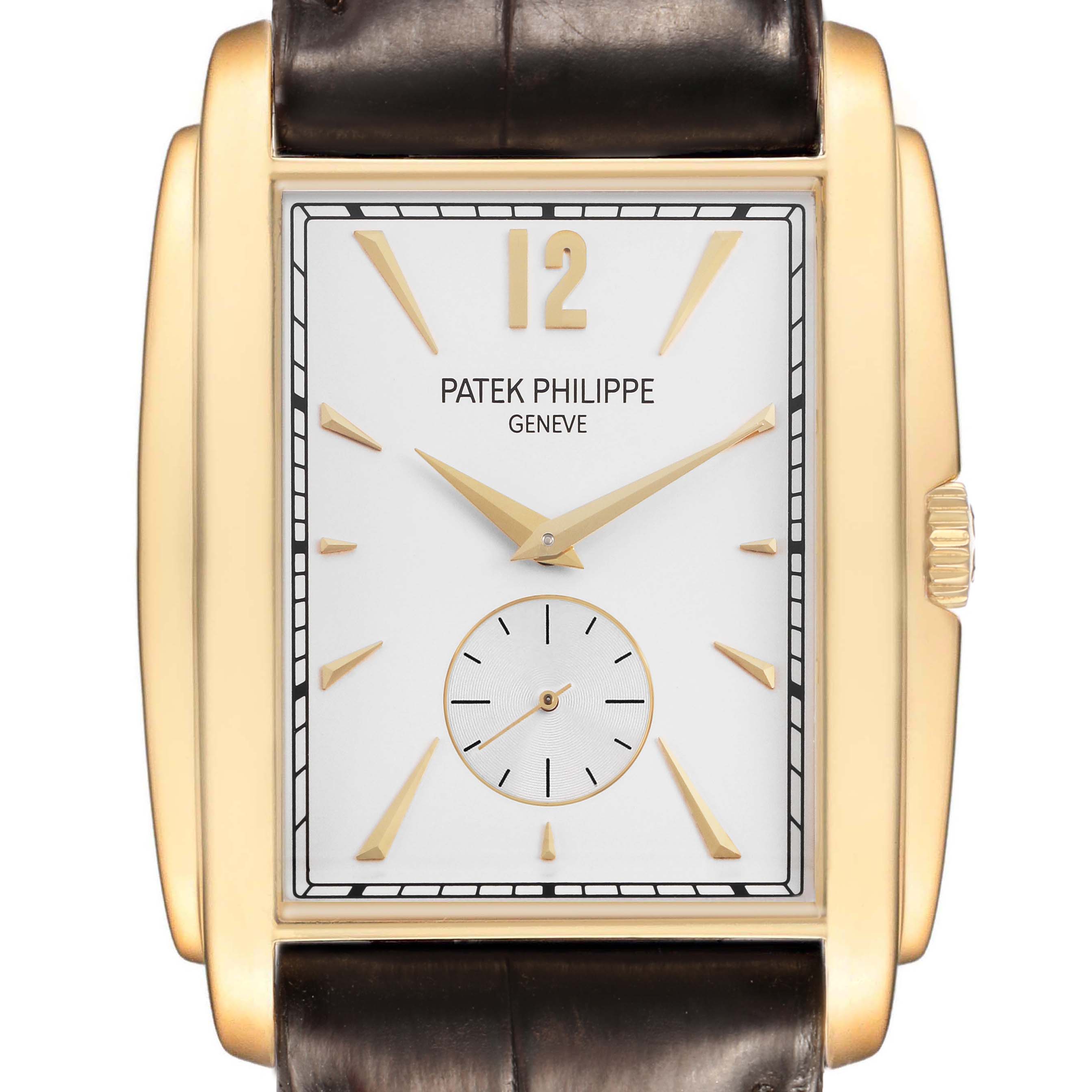 The image shows a front view of the Patek Philippe Gondolo 5124J-001 Men's Yellow Gold Silver Dial watch, highlighting the dial, hands, and brown leather strap.