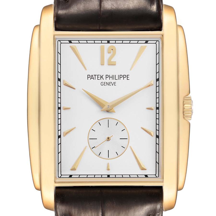 The image shows a front view of the Patek Philippe Gondolo 5124J-001 Men's Yellow Gold Silver Dial watch, highlighting the dial, hands, and brown leather strap.