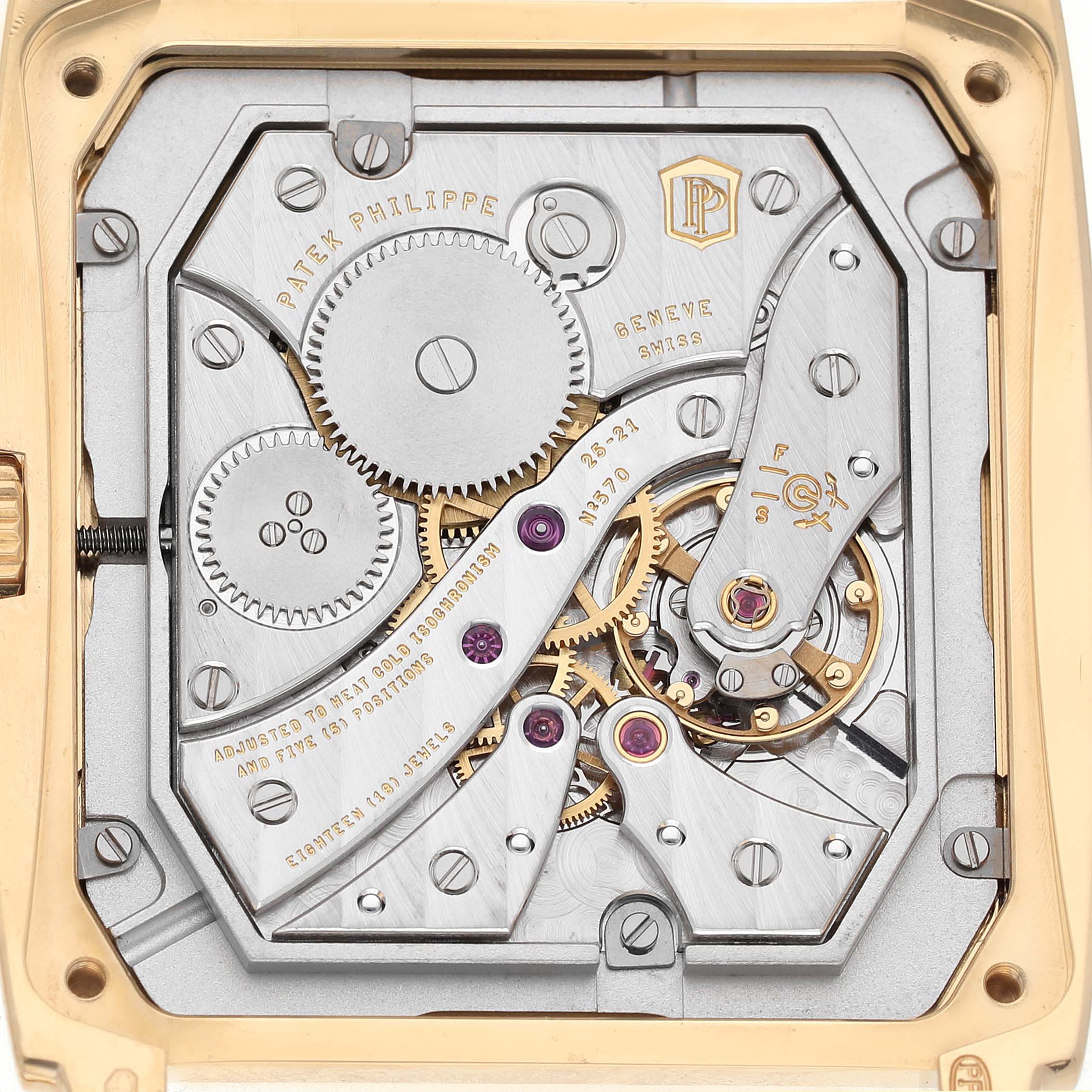 The image shows the back view of the Patek Philippe Gondolo 5124J-001 Men's Yellow Gold Silver Dial watch, highlighting its intricate movement and gears.