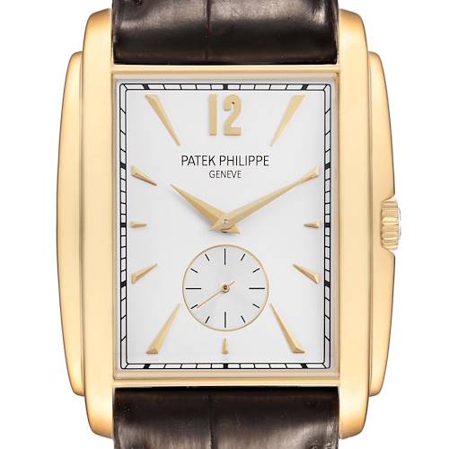 The image shows a front view of the Patek Philippe Gondolo 5124J-001 Men's Yellow Gold Silver Dial watch, highlighting its rectangular face and leather strap.