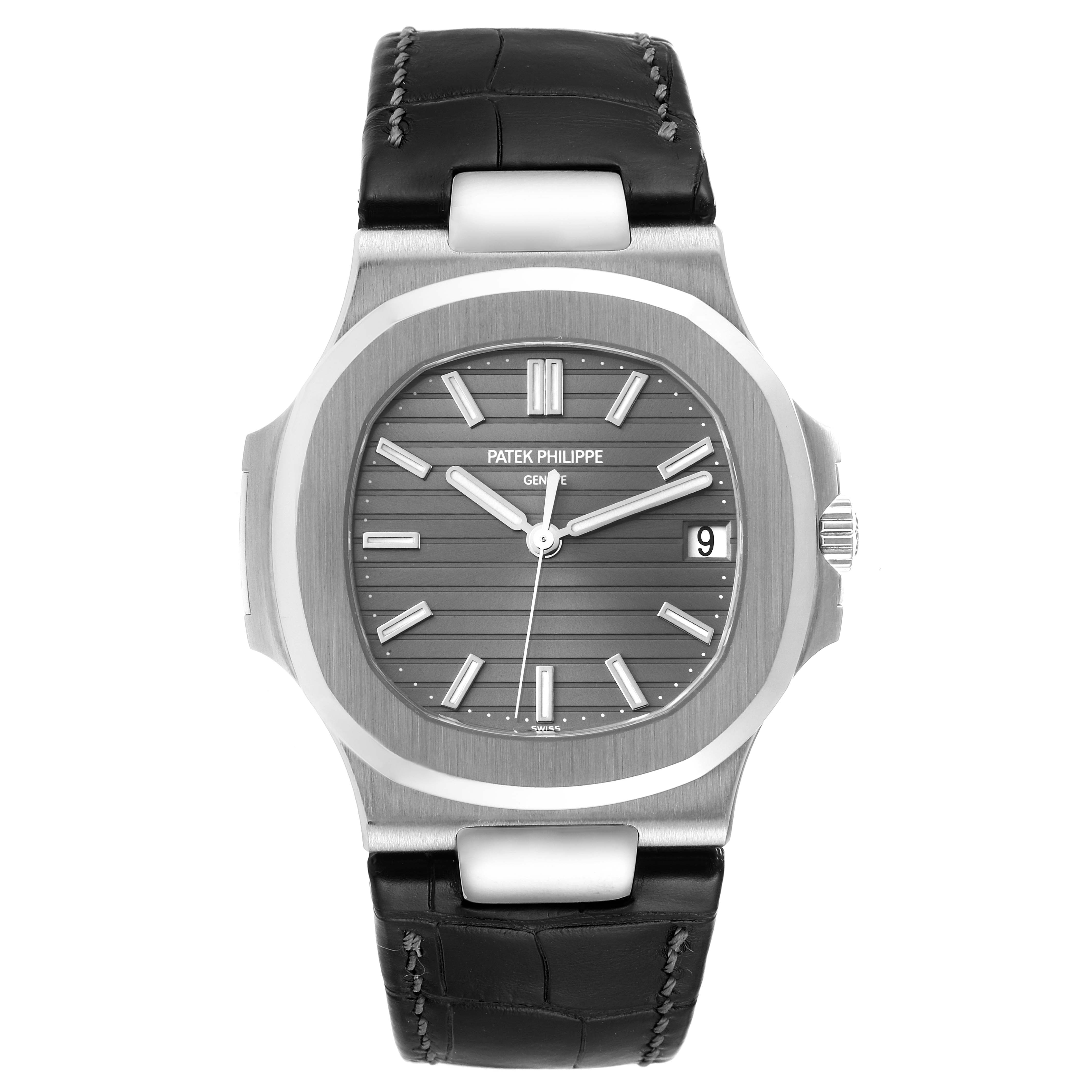 The image shows a front view of the Patek Philippe Nautilus 5711G-001 Men's White Gold Grey Dial 5711G-001 Men's White Gold Grey Dial watch, highlighting its dial, bezel, and leather strap.