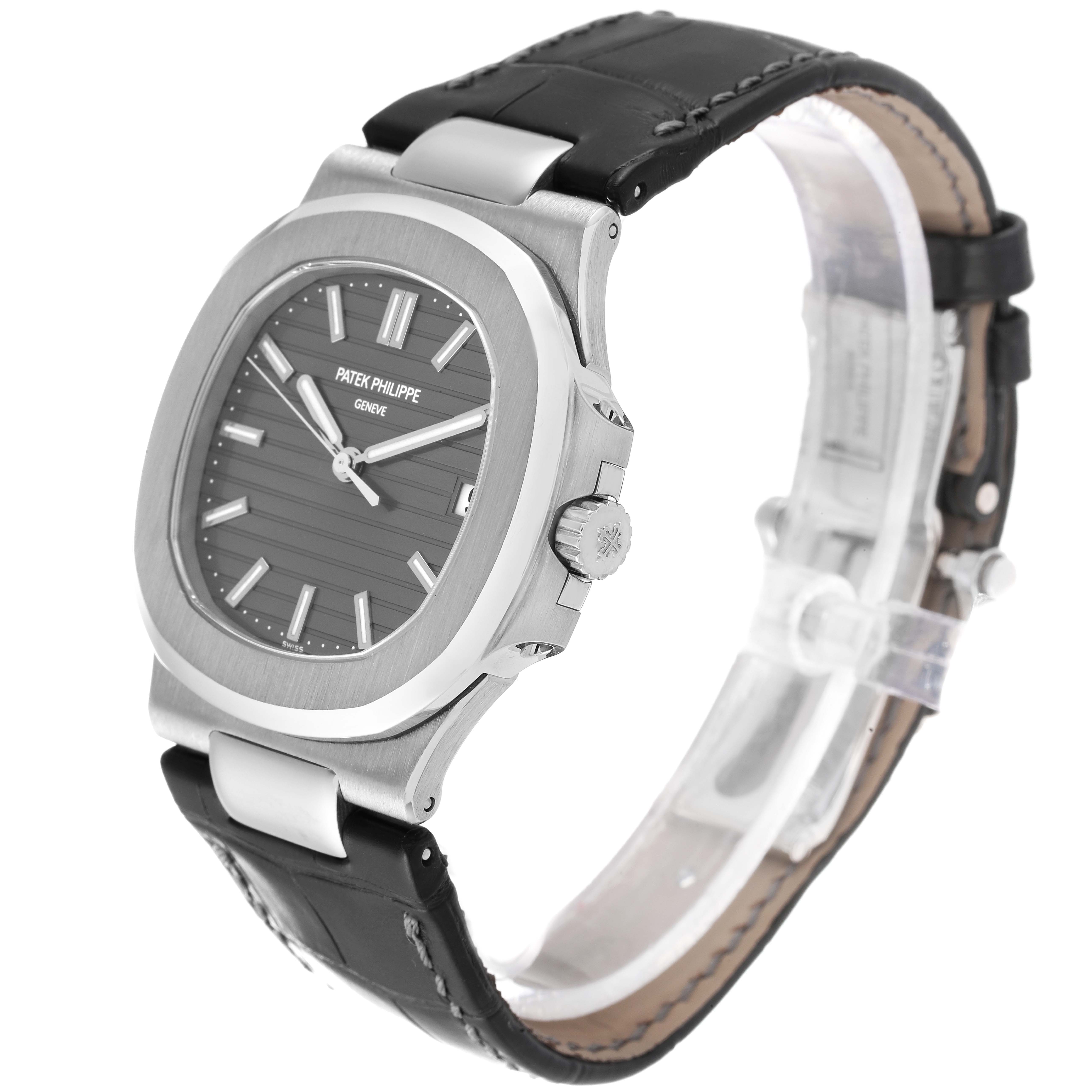 The image shows a side-angle view of a Patek Philippe Nautilus 5711G-001 Men's White Gold Grey Dial 5711G-001 Men's White Gold Grey Dial watch, displaying the dial, case, crown, and strap.