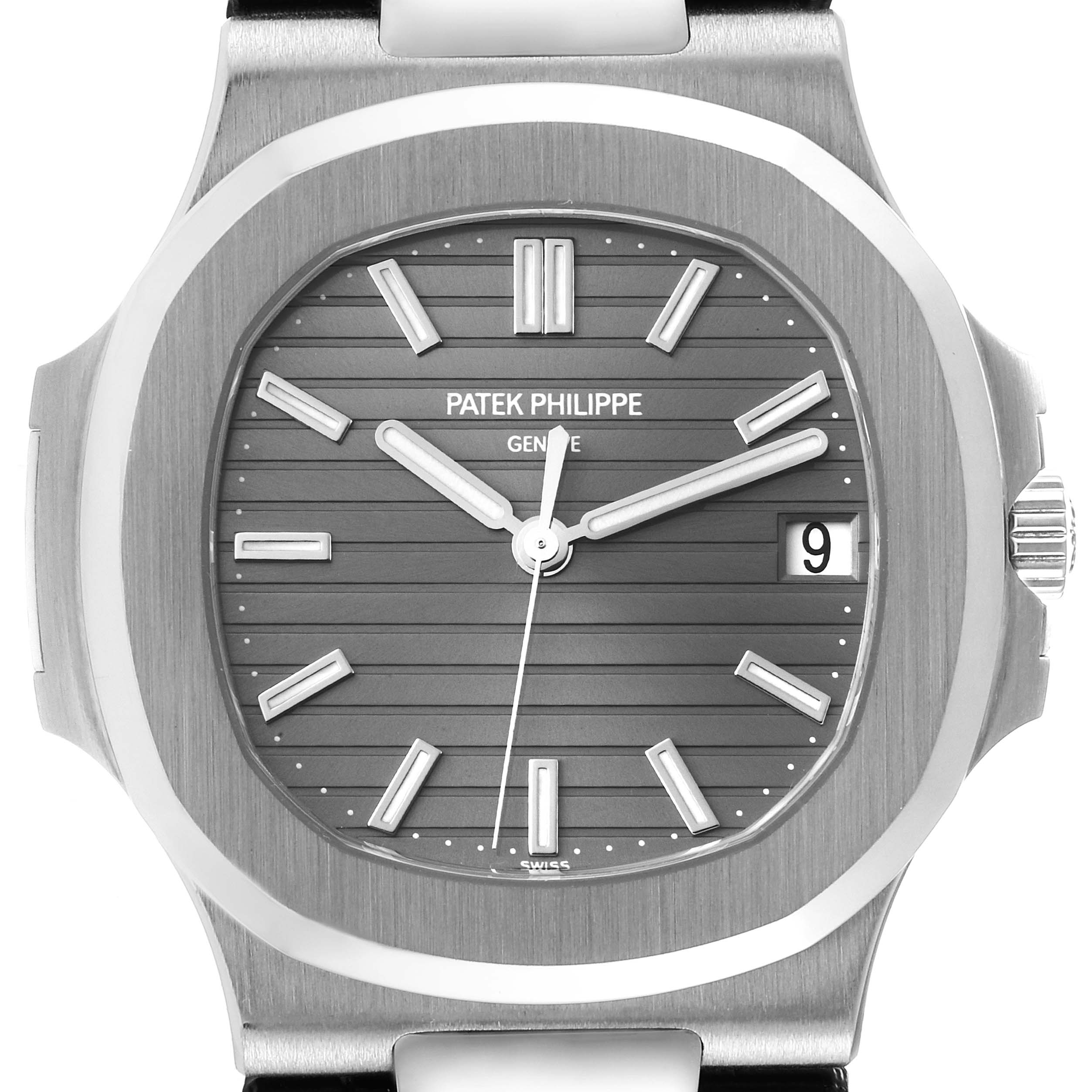 The image shows a front view of the Patek Philippe Nautilus 5711G-001 Men's White Gold Grey Dial 5711G-001 Men's White Gold Grey Dial watch, displaying the dial, hands, and date window.