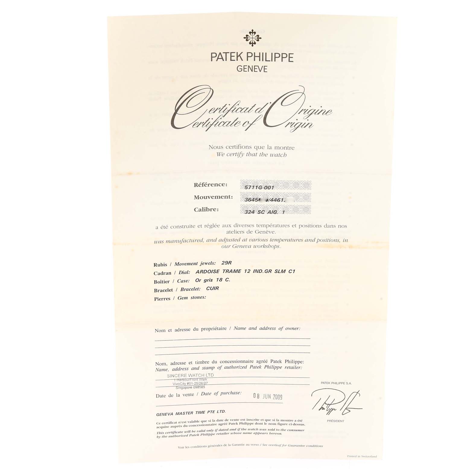 The image shows a Certificate of Origin for the Patek Philippe Nautilus 5711G-001 Men's White Gold Grey Dial 5711G-001 Men's White Gold Grey Dial model watch.