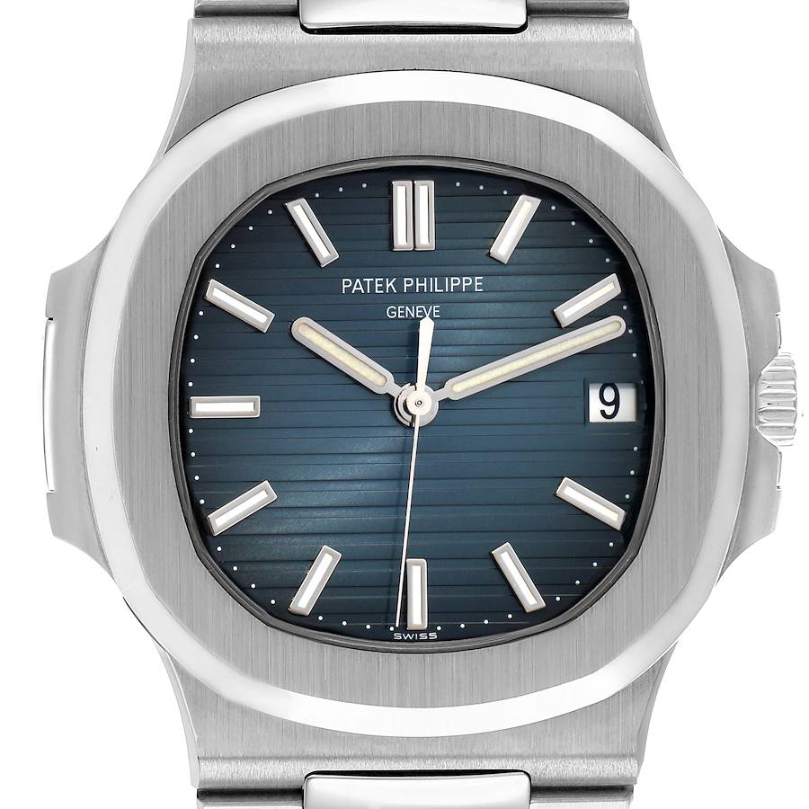 The image shows a front view of the Patek Philippe Nautilus 5711/1A-010 Men's Stainless Steel Blue Dial watch, highlighting its blue dial, hands, markers, and date display.