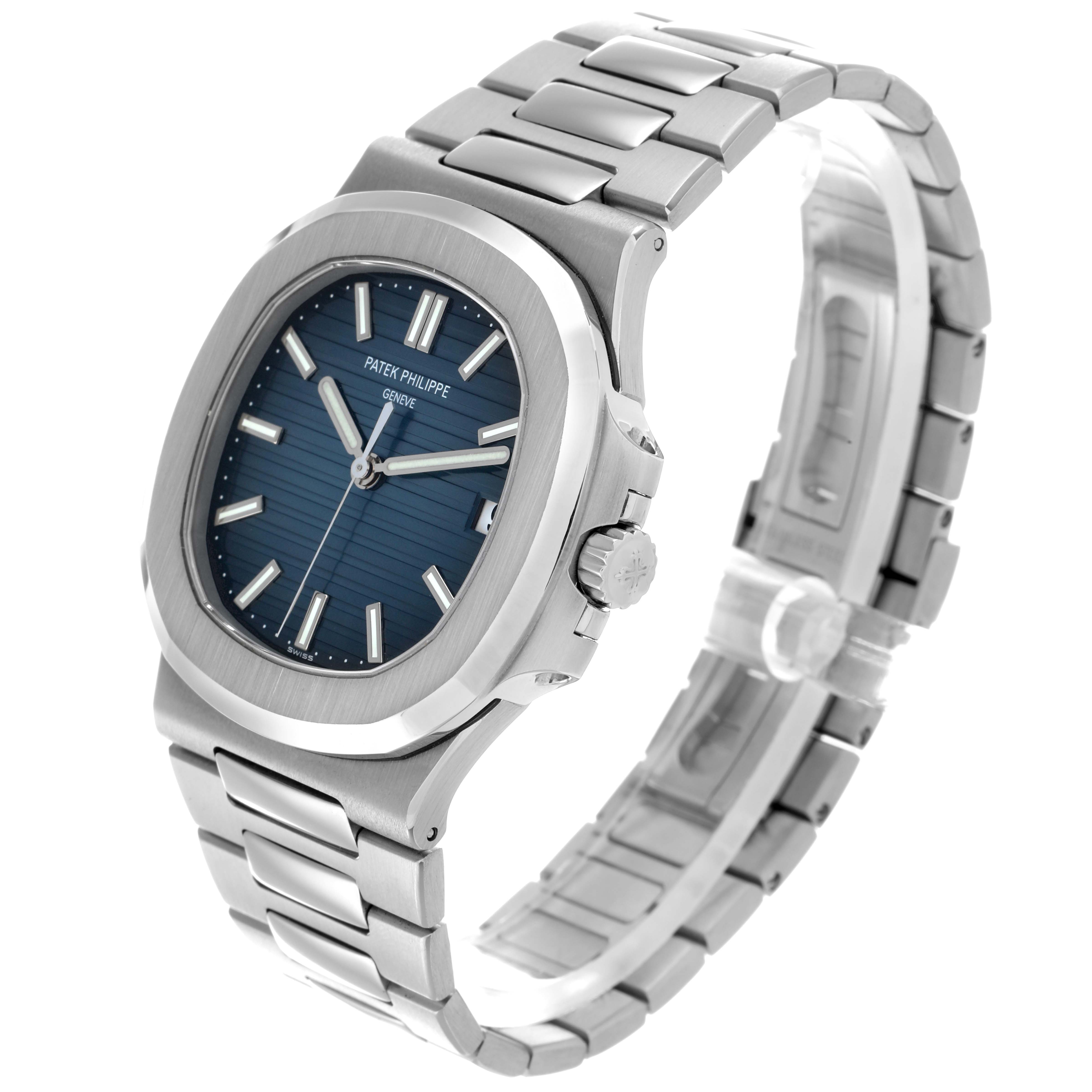 The Patek Philippe Nautilus 5711/1A-010 Men
s Stainless Steel Blue Dial watch is shown at a three-quarter angle, displaying the face, bezel, crown, and bracelet.