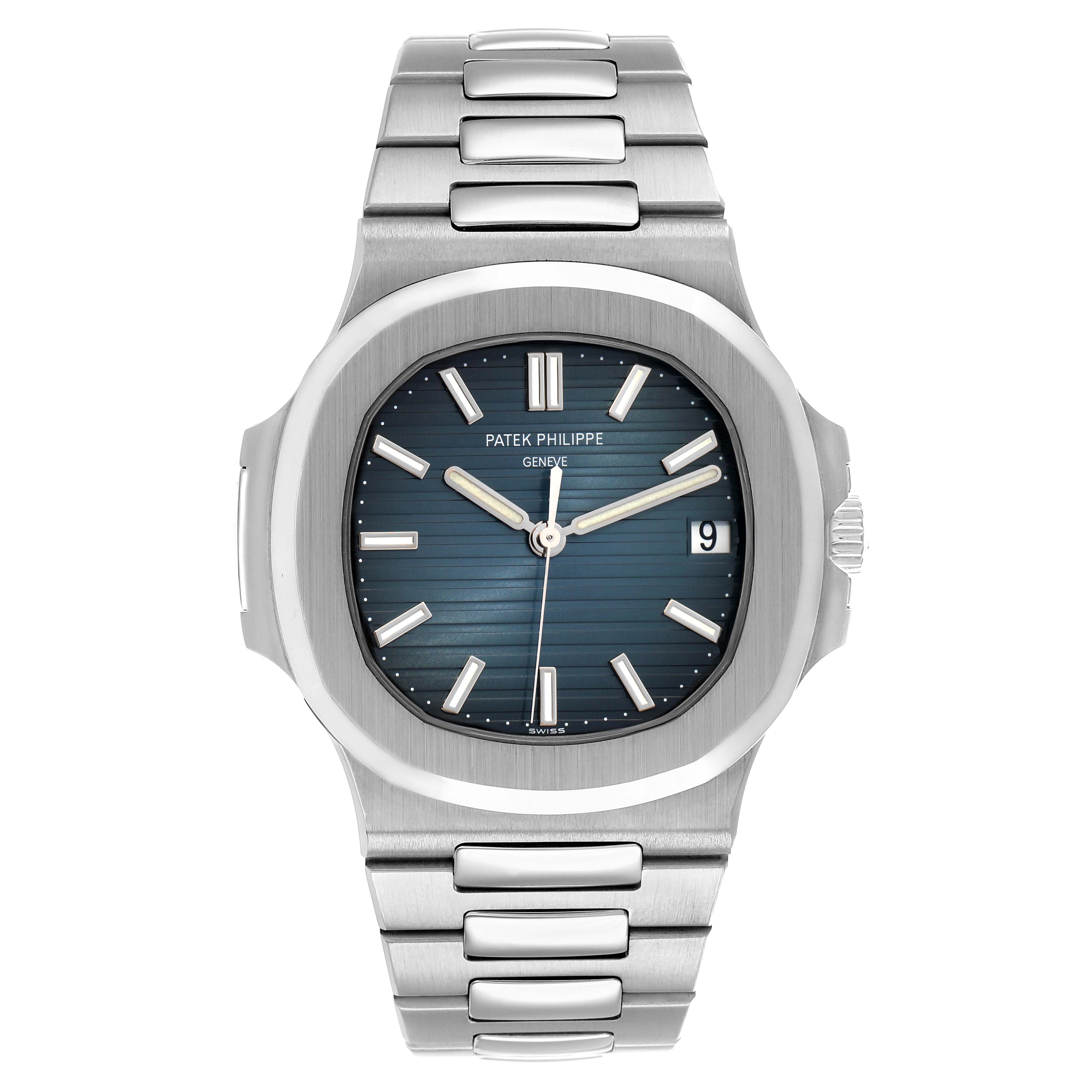 The Patek Philippe Nautilus 5711/1A-010 Men
s Stainless Steel Blue Dial watch is shown from a top view, highlighting its blue dial, case, and bracelet.