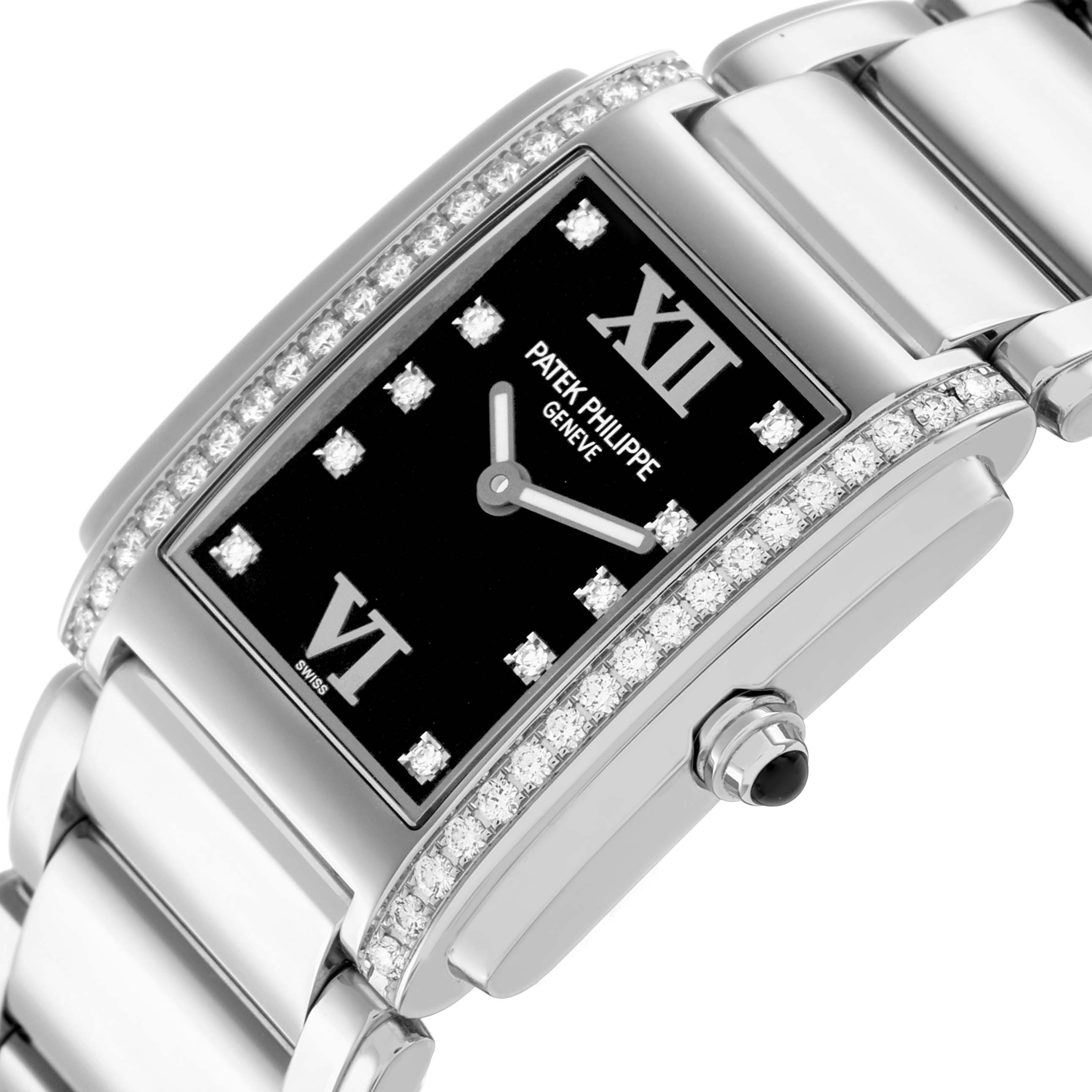 The Patek Philippe Twenty-4 4910 Women
s Stainless Steel Black Dial watch is shown at an angled close-up, highlighting its diamond-set bezel, black dial, and bracelet.