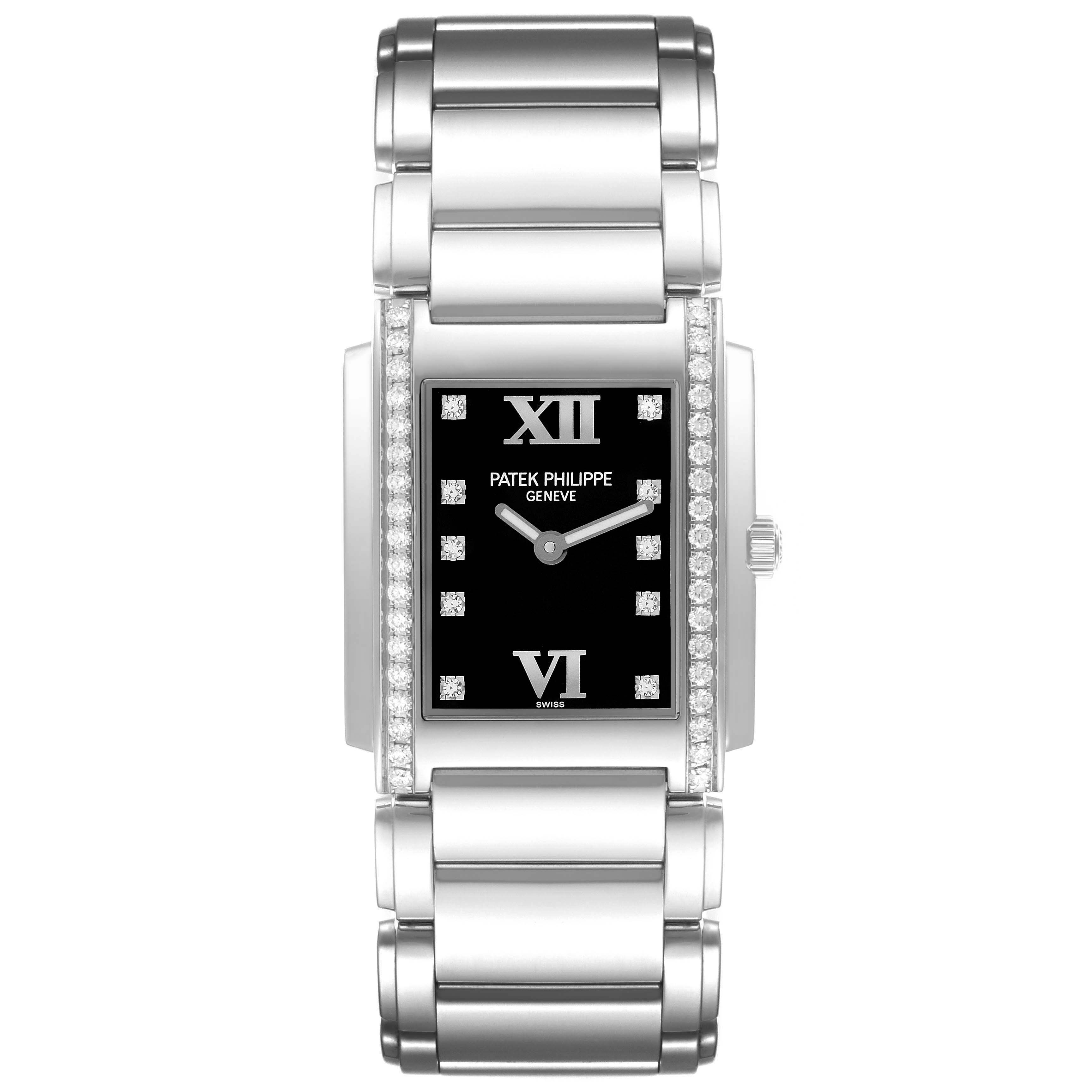 The Patek Philippe Twenty-4 4910 Women
s Stainless Steel Black Dial watch is shown from a top-down angle, highlighting the face, bracelet, and diamond-set bezel.