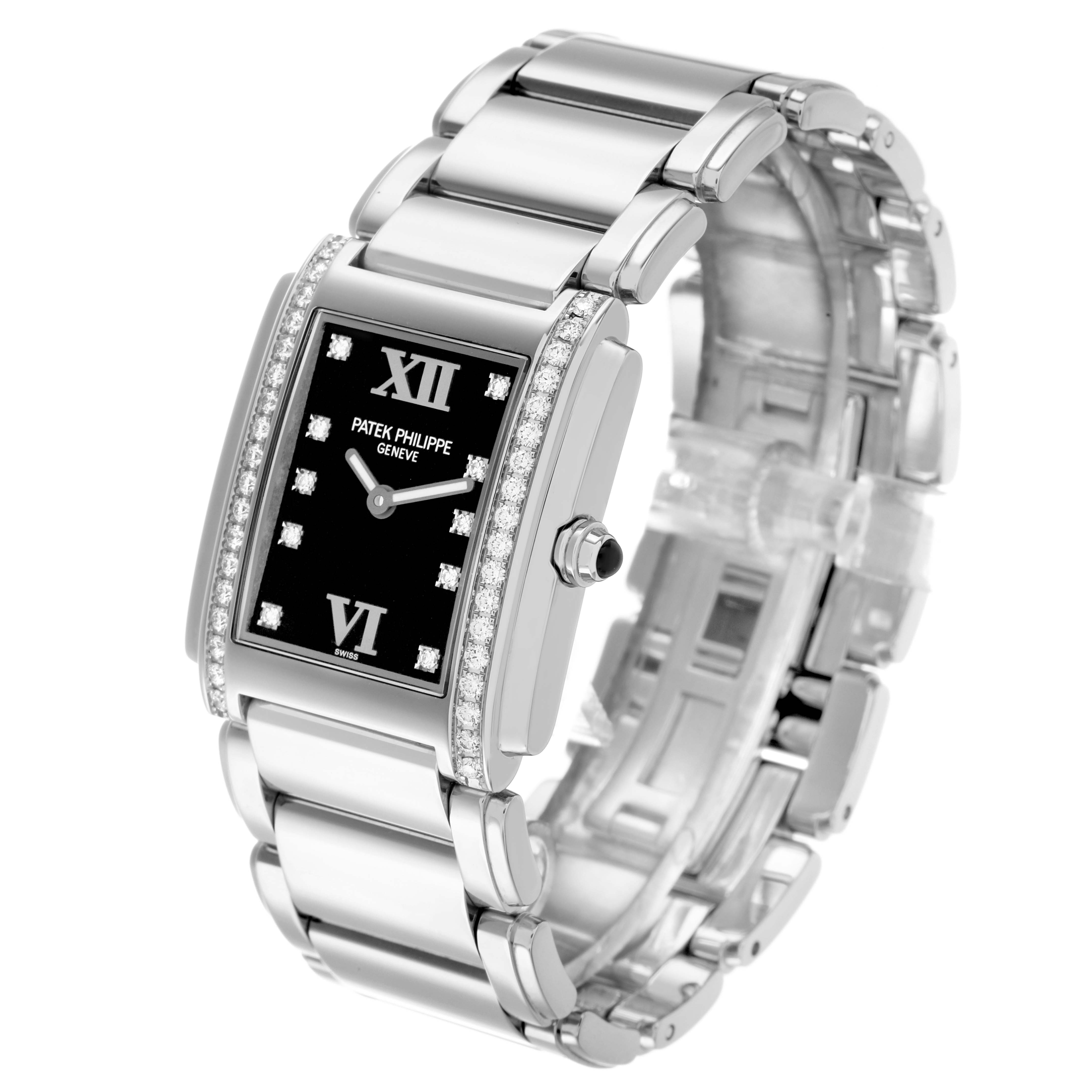 The Patek Philippe Twenty-4 4910 Women
s Stainless Steel Black Dial watch is shown at an angled view, highlighting the rectangular diamond-set bezel, black dial, and bracelet.