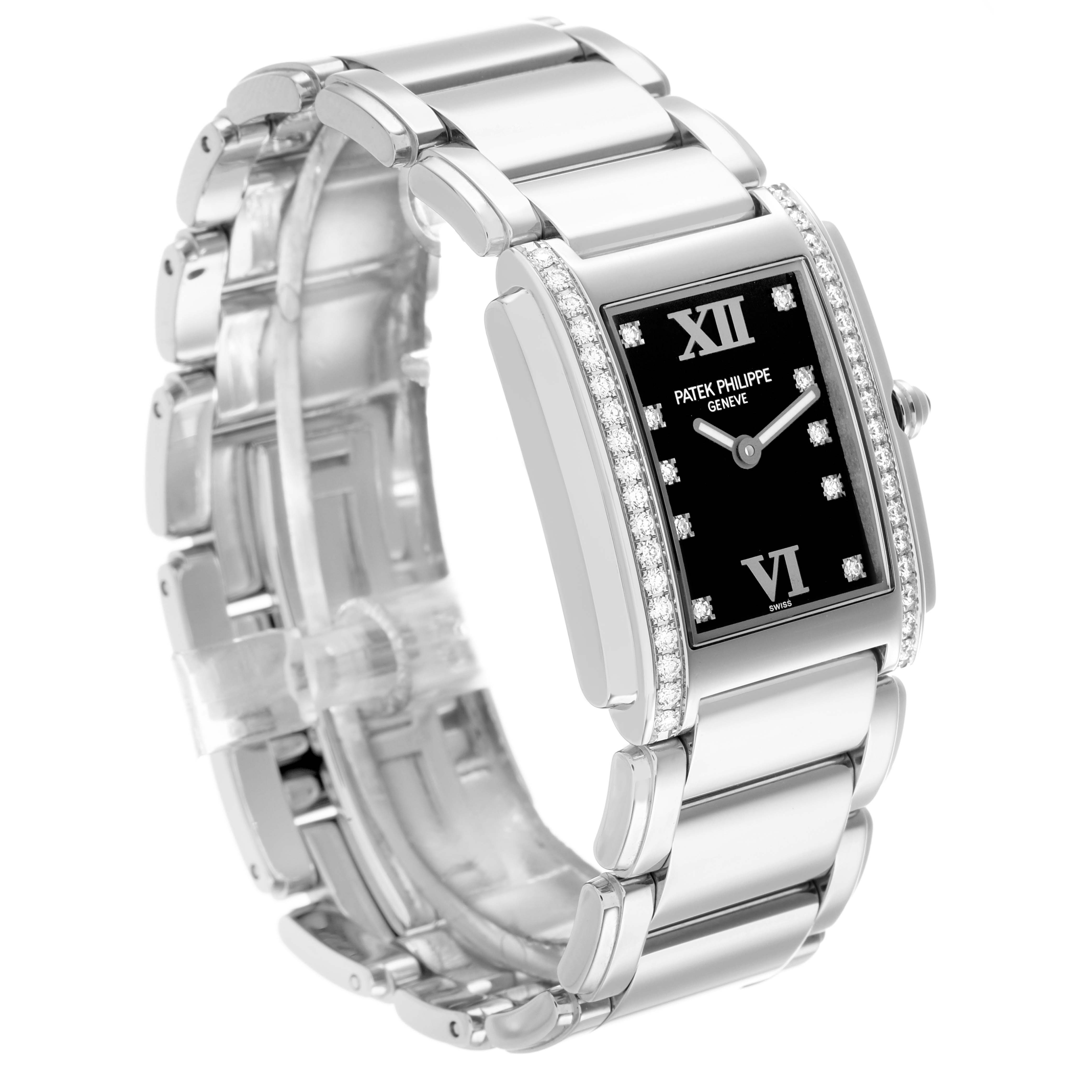 The Patek Philippe Twenty-4 4910 Women
s Stainless Steel Black Dial watch is shown at an angled view, highlighting the face, bracelet, and side profile.