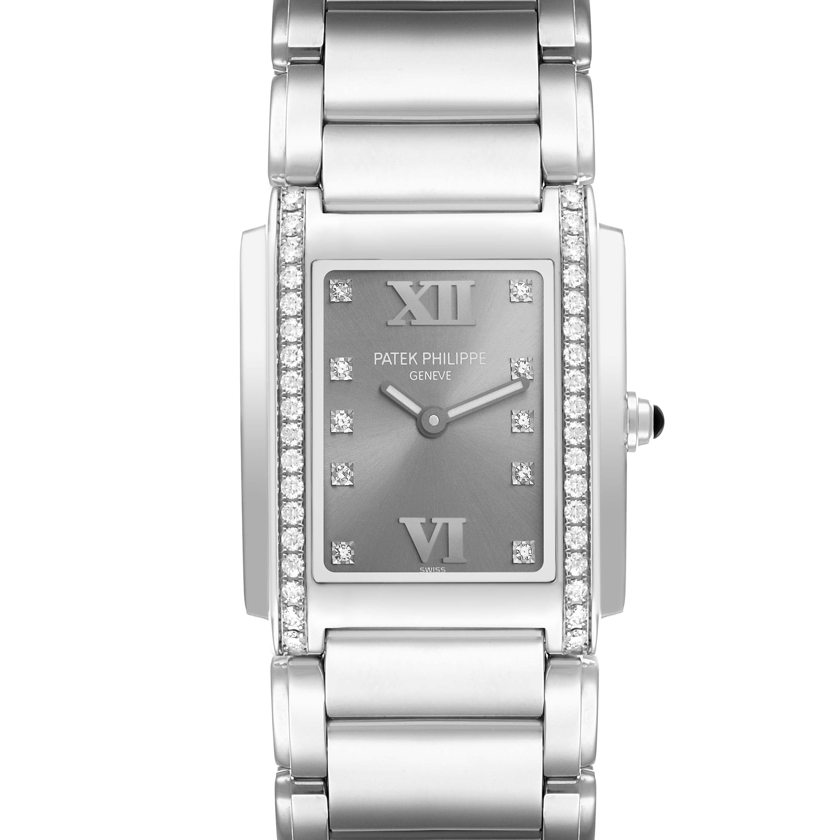 The Patek Philippe Twenty-4 4910/10A-010 Women's Stainless Steel Silver Dial watch is shown from a front view, highlighting the dial, hands, and bracelet.